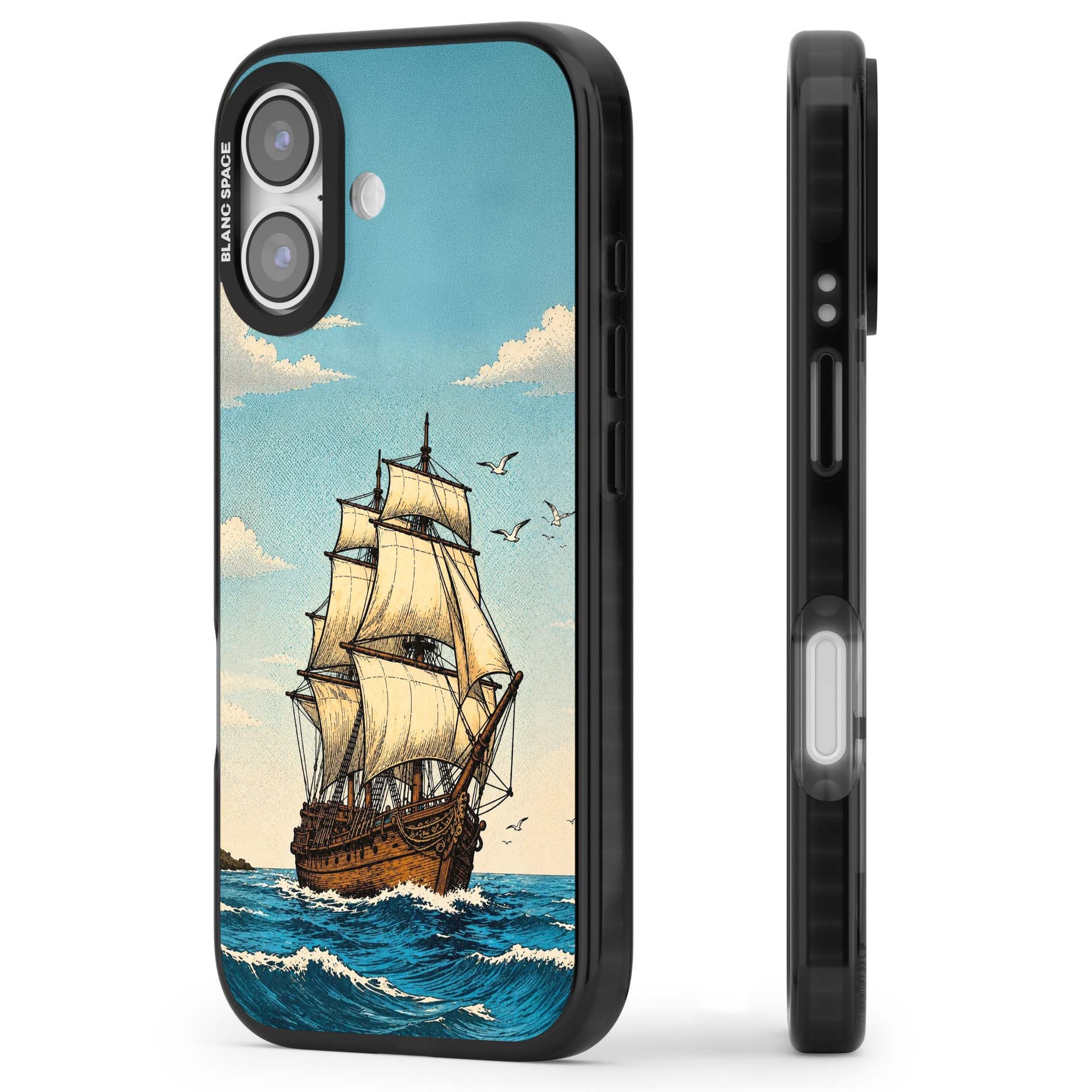 Ship at Sea nautical iPhone case featuring a vintage tall ship, ocean waves and seagulls | Black Impact Magsafe case for iPhone 17