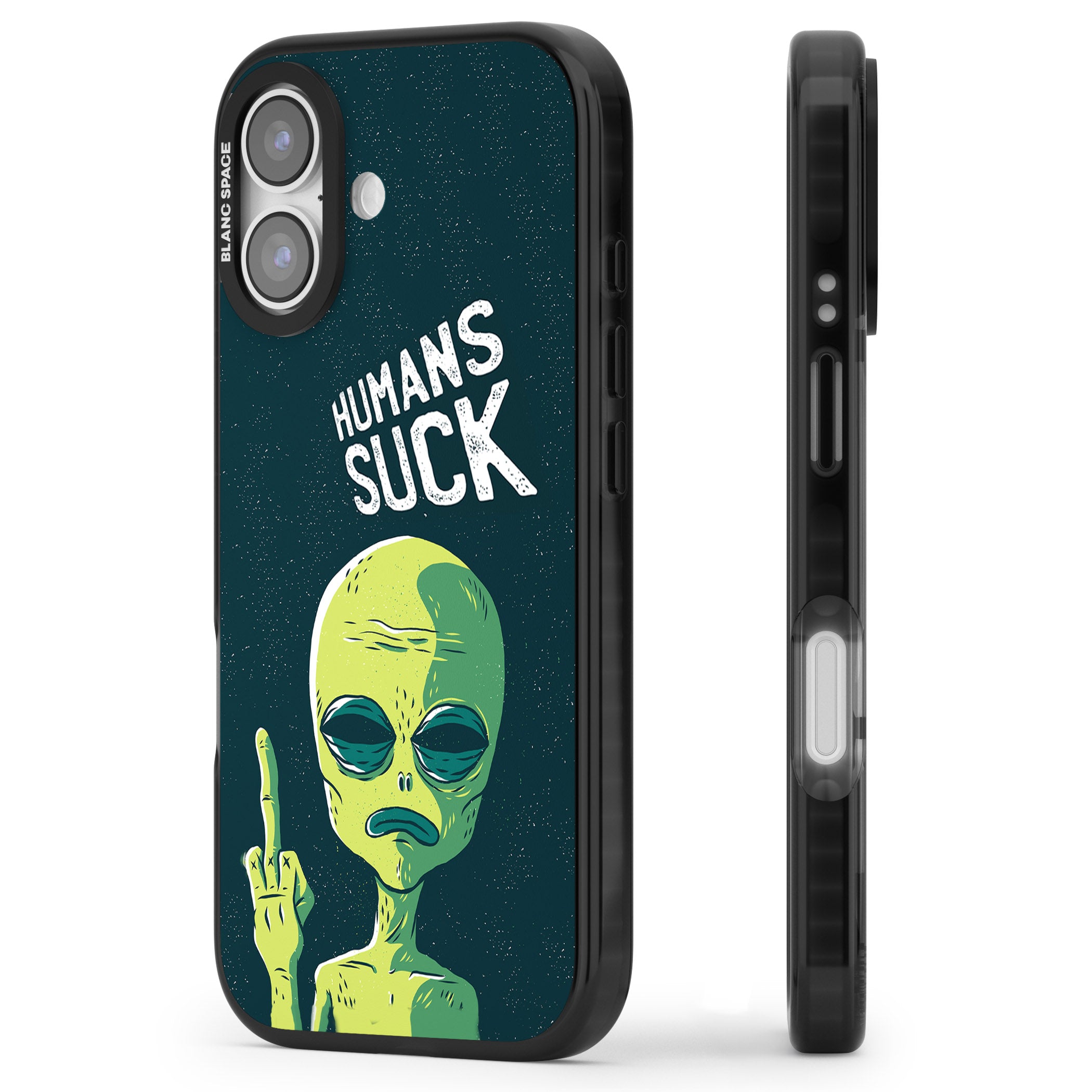 Humans Suck Alien iPhone 17 Impact Pro Black Phone Case Side Profile