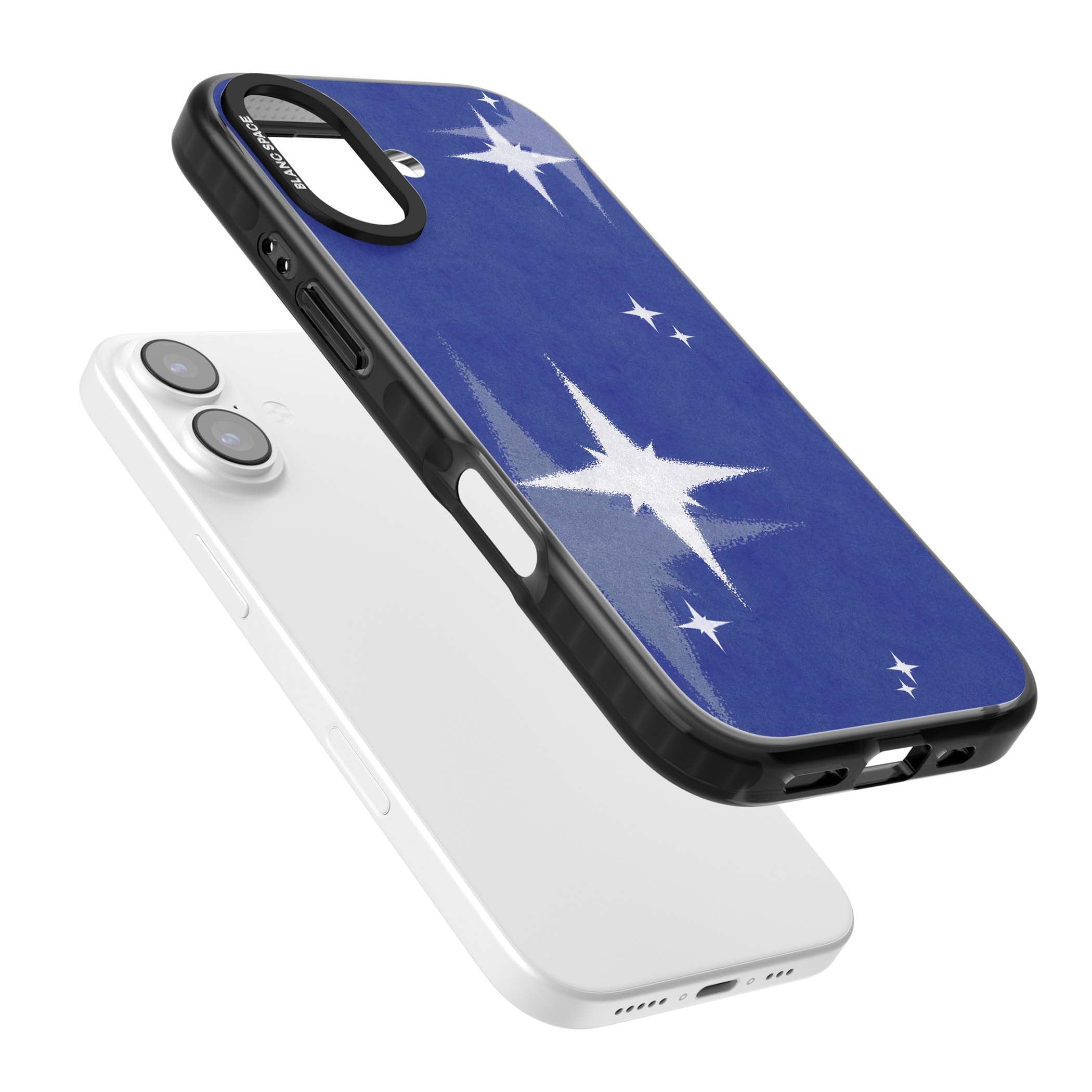 Blue Sparkle celestial iPhone case featuring sparkling silver stars on a deep blue painterly night sky | Black Impact Magsafe case for iPhone 17