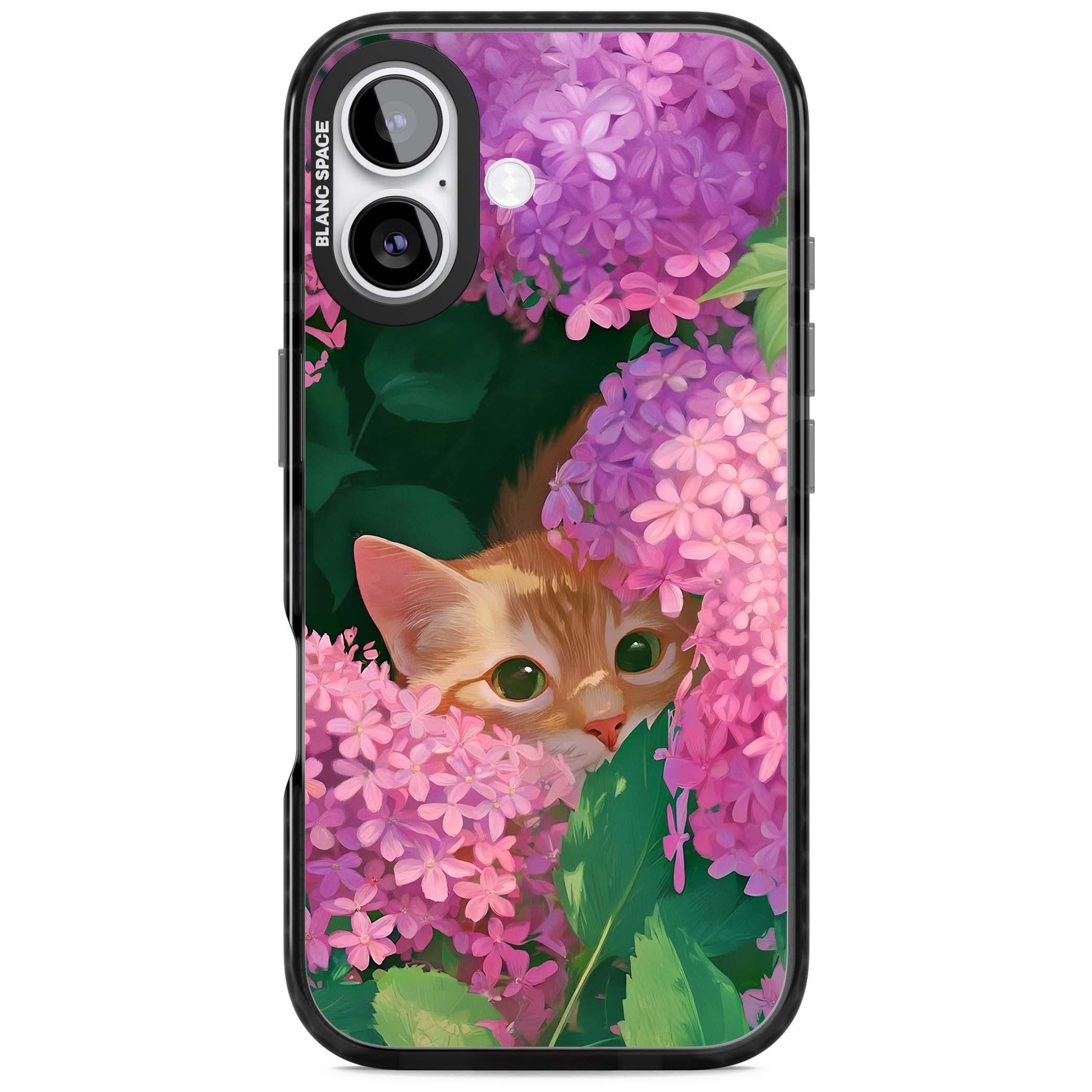 Cat In Pink Flowers cottagecore iPhone case featuring a ginger kitten peeking through lilac and pink hydrangea flo | Black Impact Magsafe case for iPhone 17