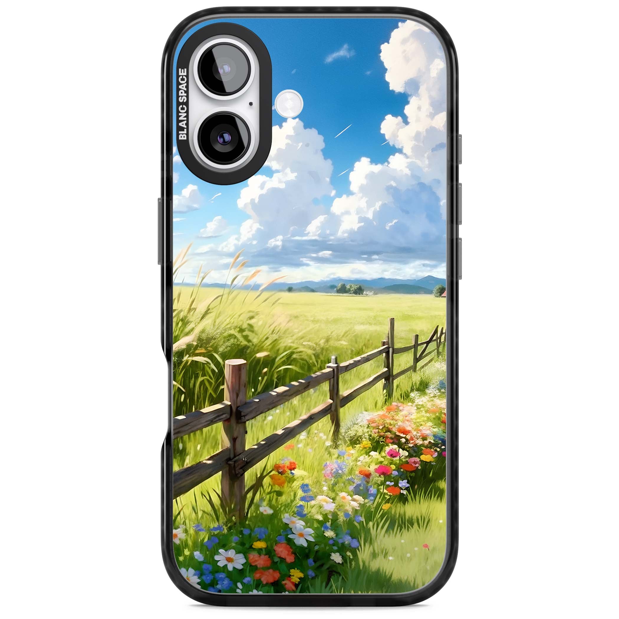 A Countryside Afternoon cottagecore iPhone case featuring a painted countryside meadow, wooden fence, and wildflowers beneath | Black Impact Magsafe case for iPhone 17