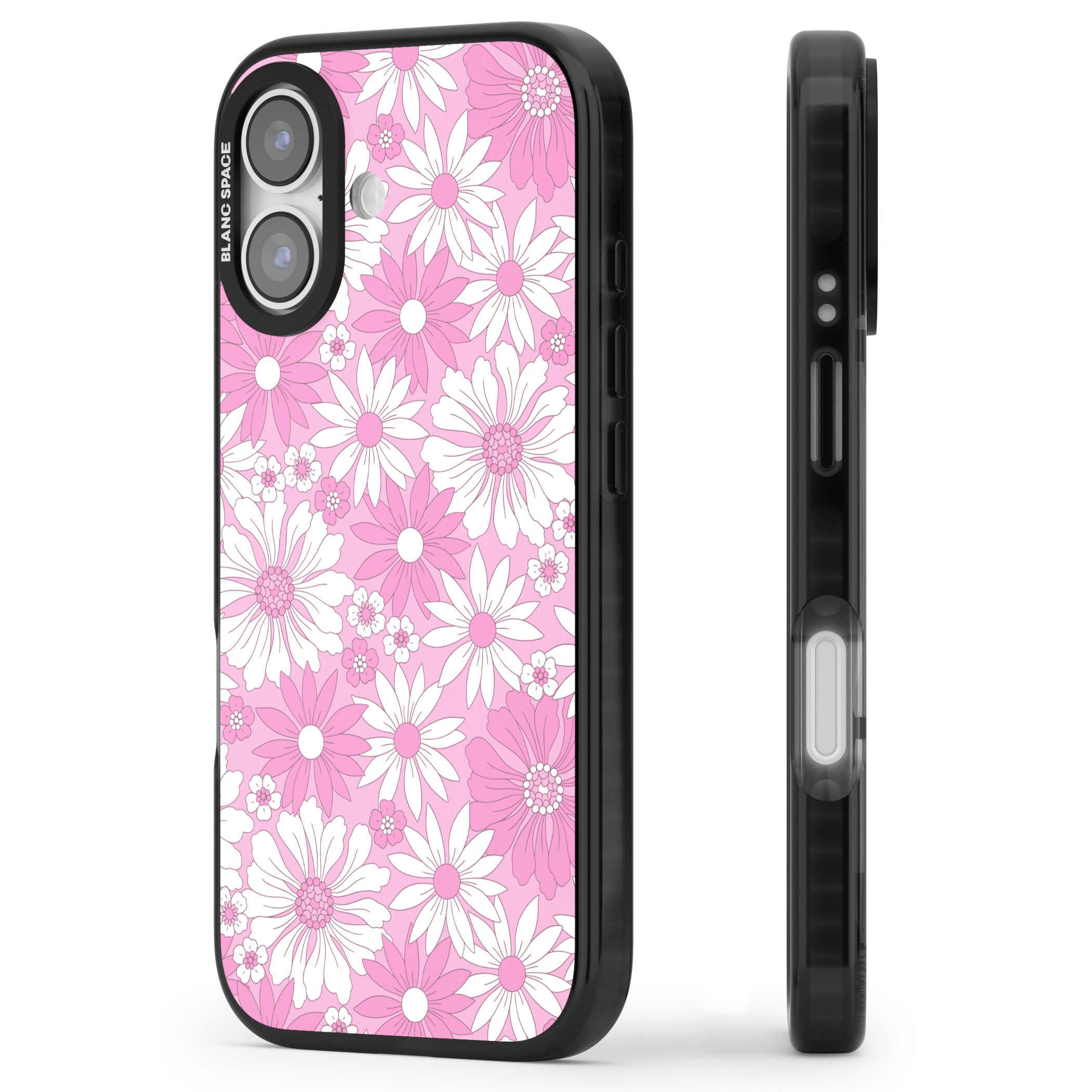 Pink White Flowers iPhone 17 Impact Pro Black Phone Case Side Profile
