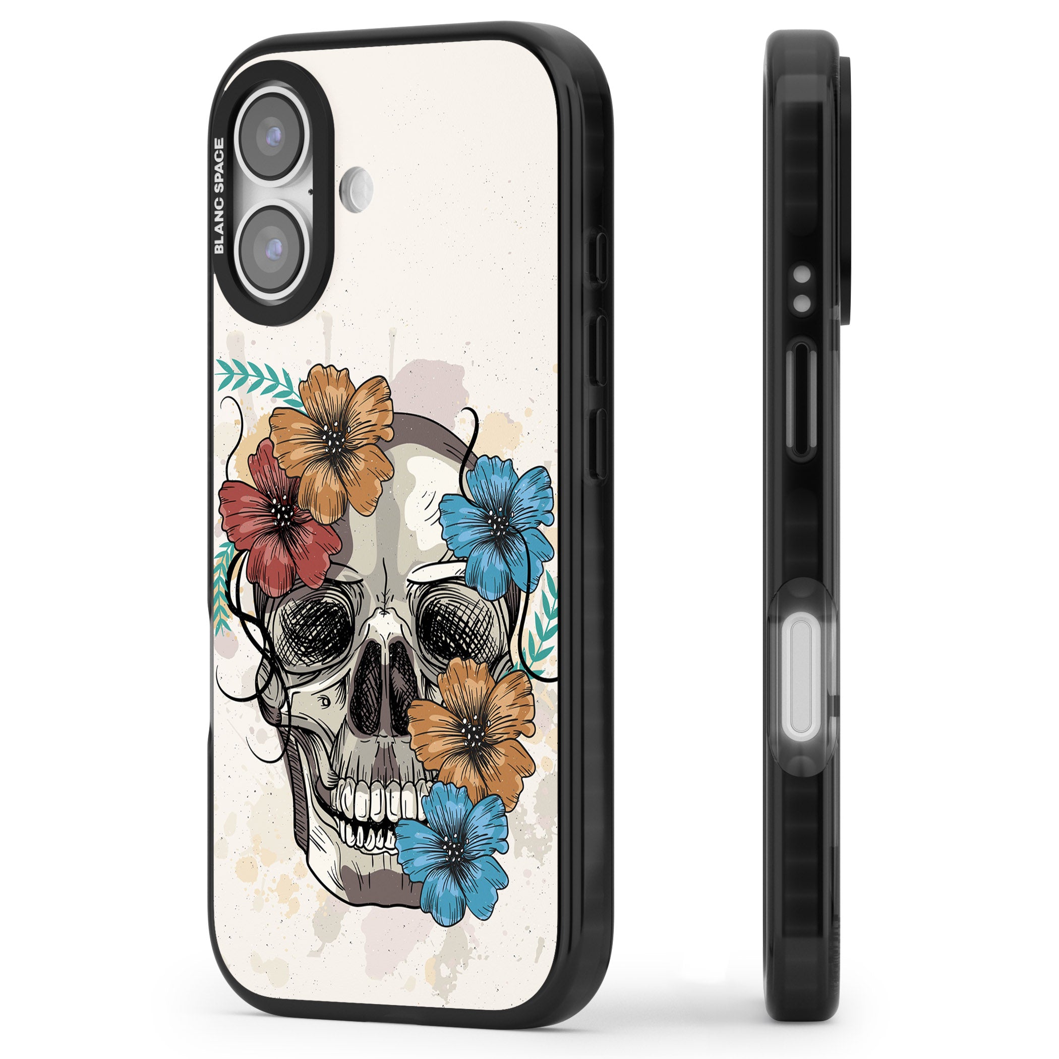 Sugar Skull Floral iPhone 17 Impact Pro Black Phone Case Side Profile