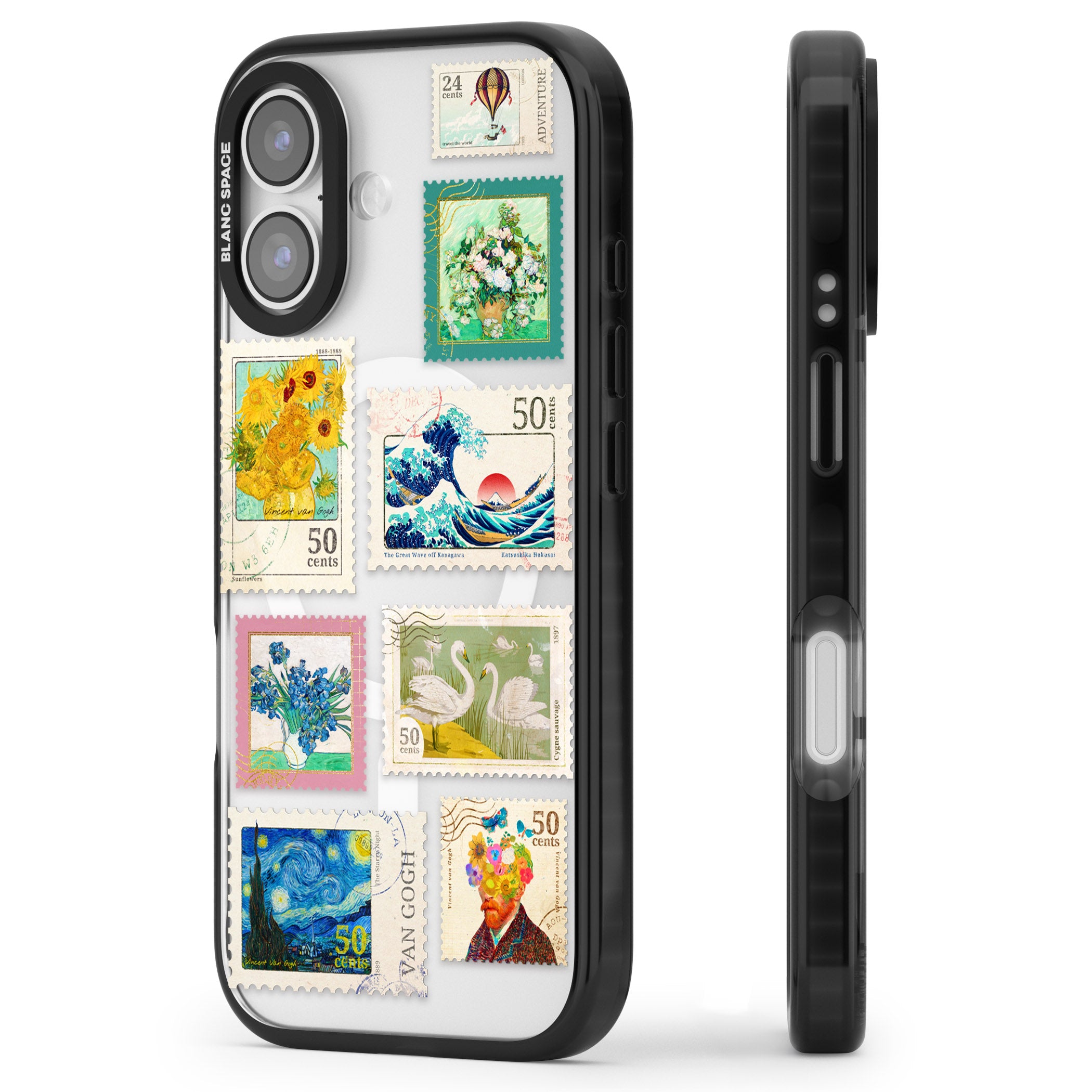 Vintage Art Stamps iPhone 17 Impact Pro Black Phone Case Side Profile