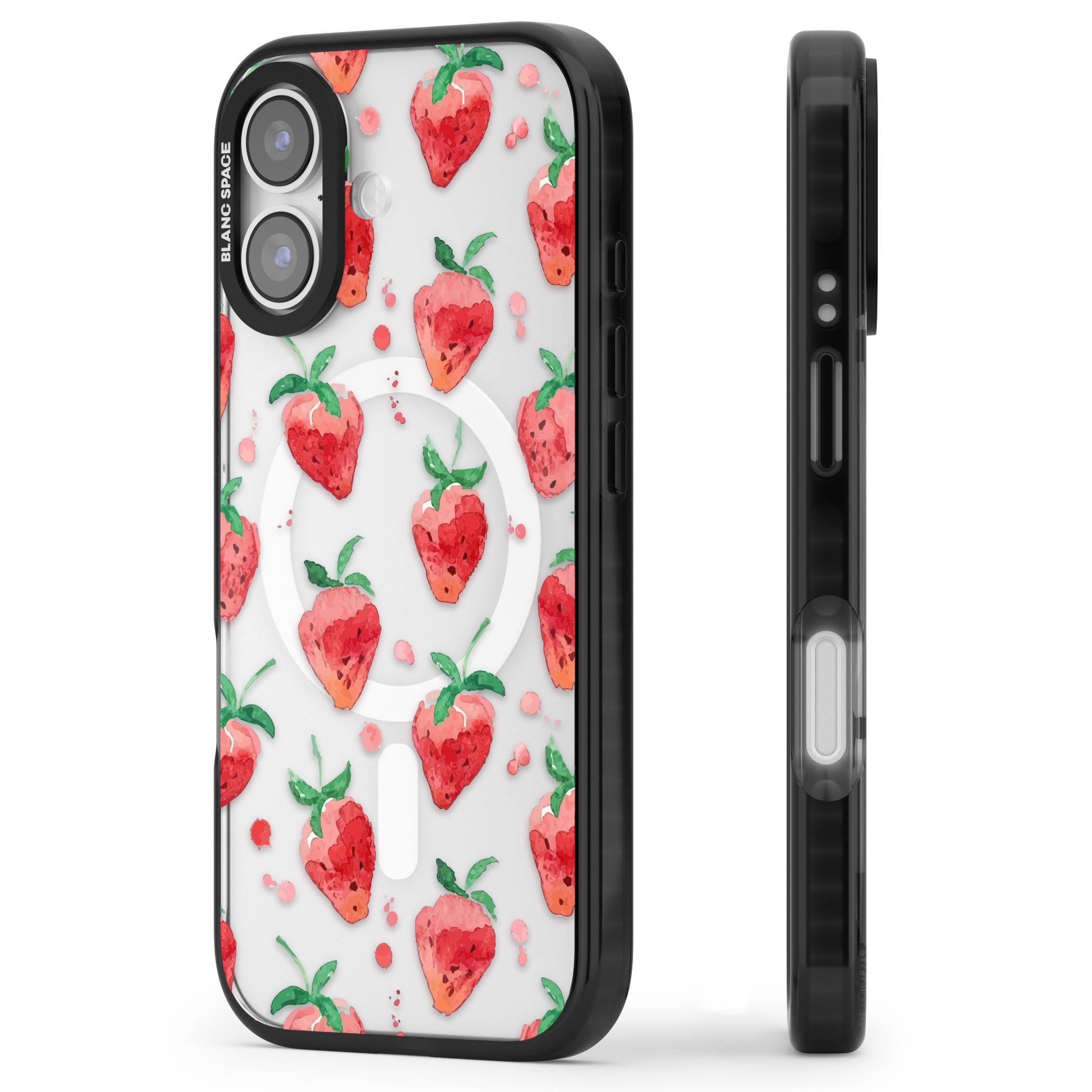 Strawberry Watercolour iPhone 17 Impact Pro Black Phone Case Side Profile