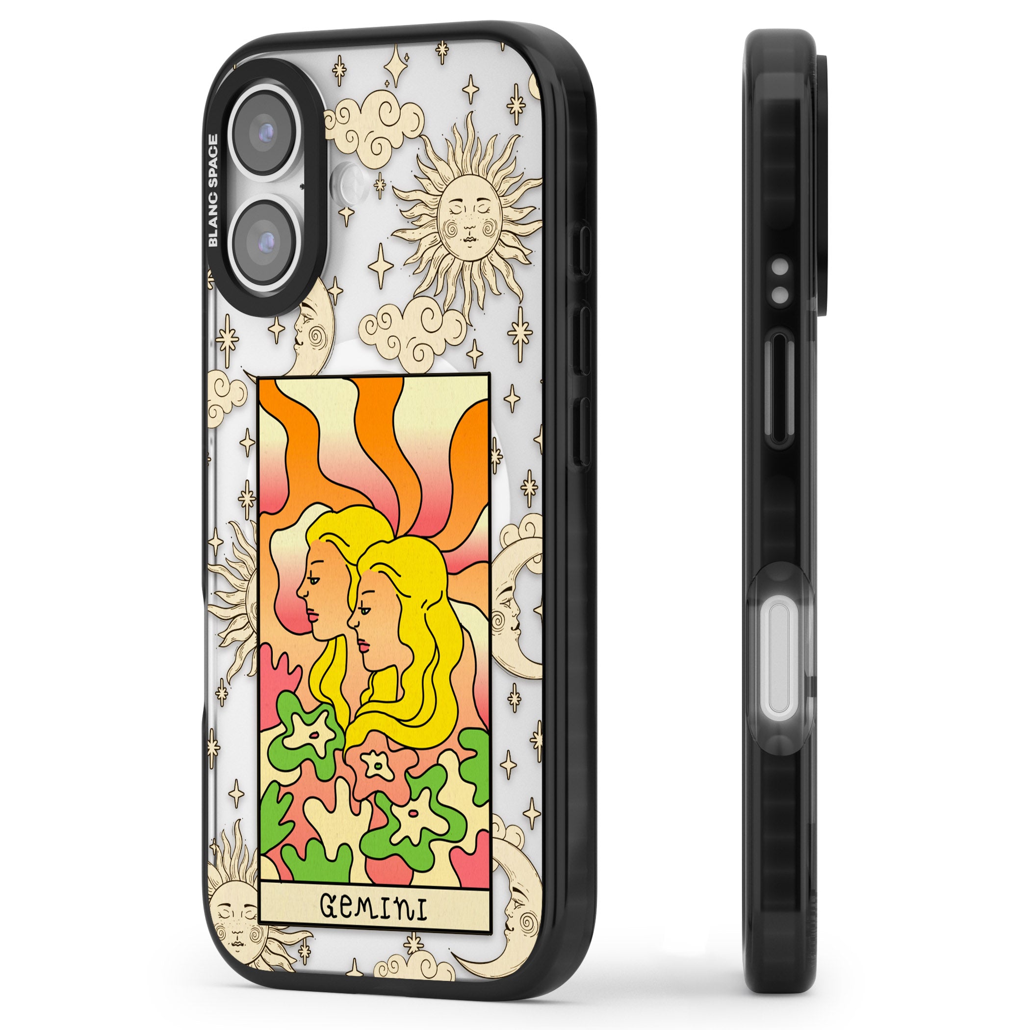Celestial Zodiac Gemini iPhone 17 Impact Pro Black Phone Case Side Profile