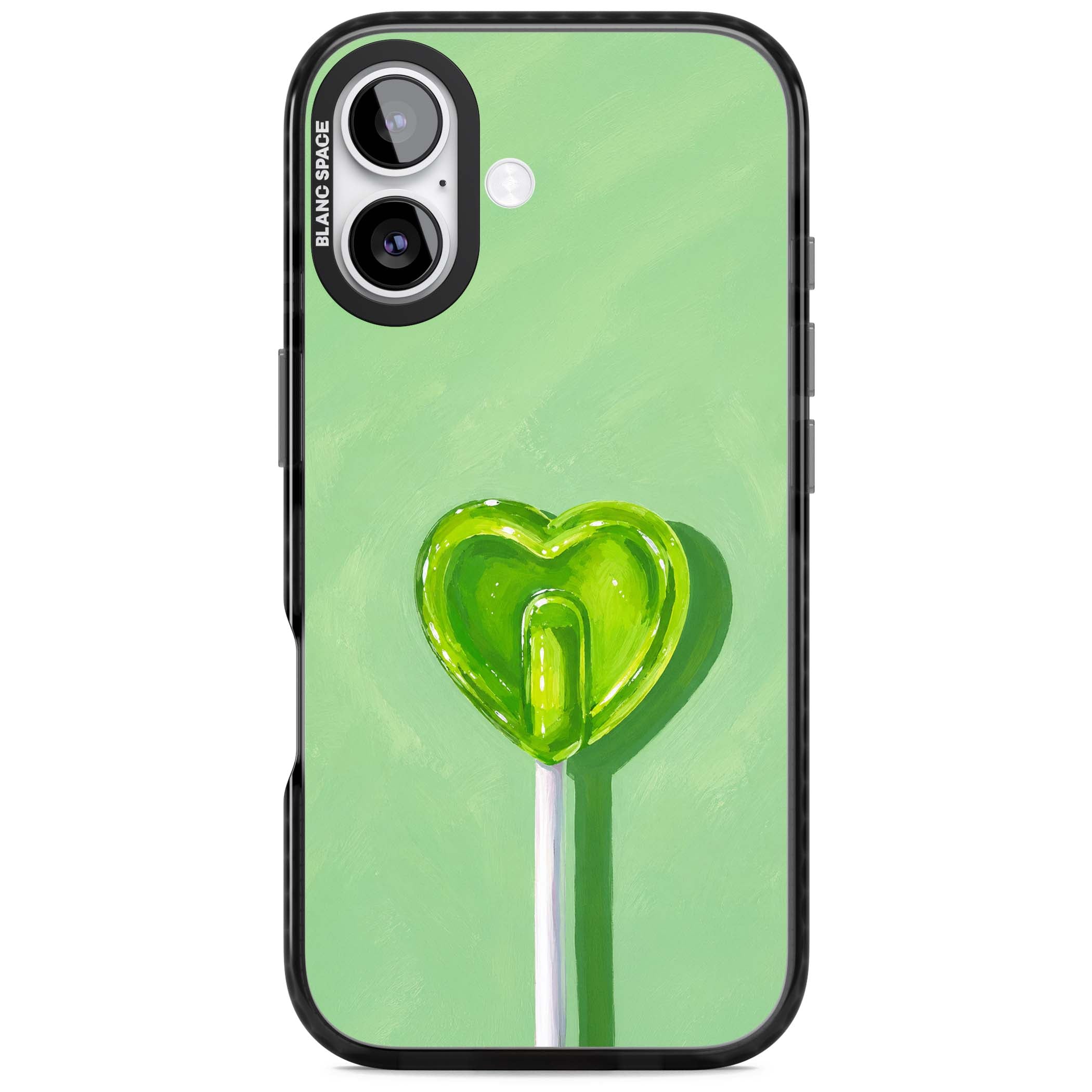 Green Lollipop candy art iPhone case featuring a glossy green heart-shaped lollipop on a painted pastel green background | Black Impact Magsafe case for iPhone 17