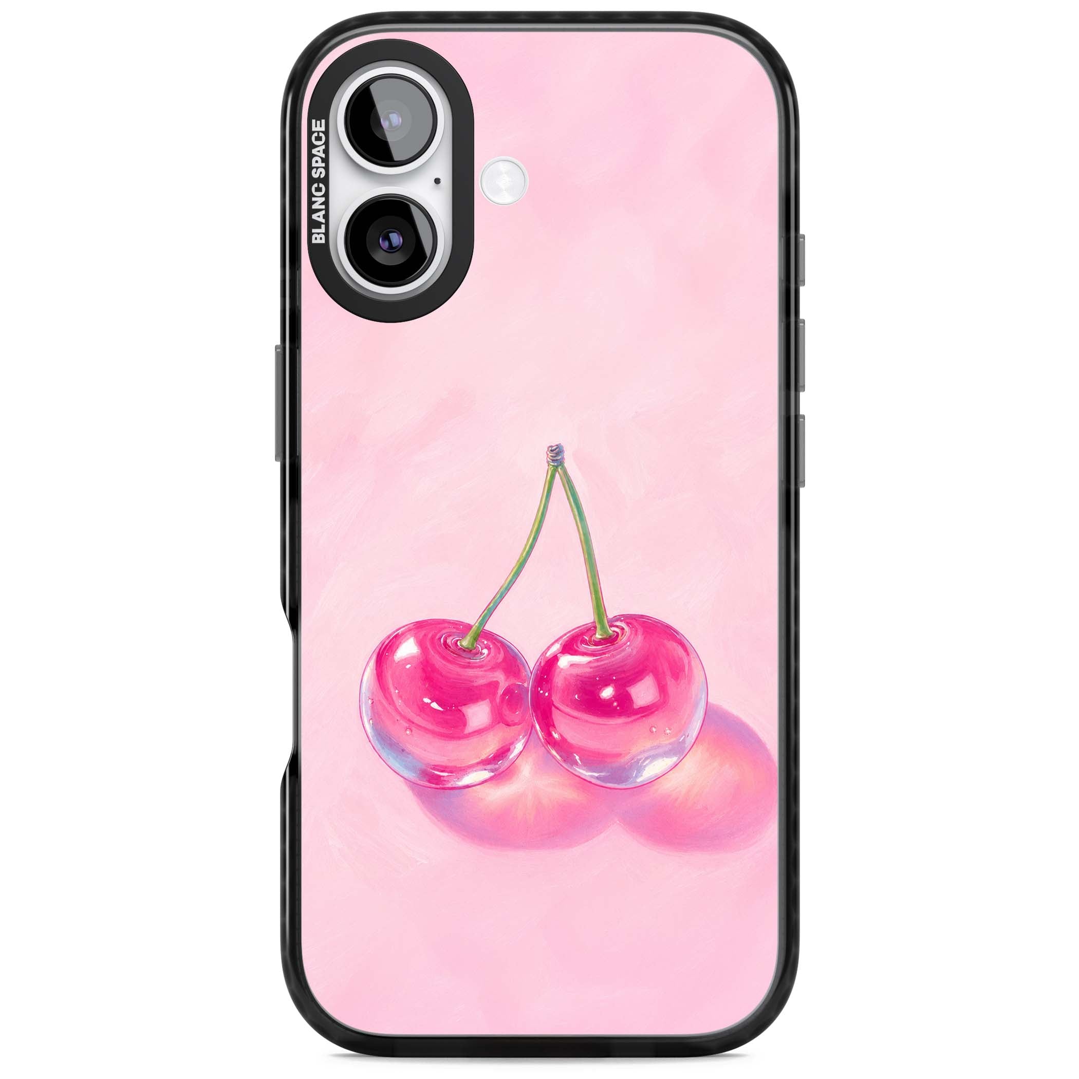 Pink Glass Cherry coquette iPhone case featuring two glossy painted cherries on a soft pink background | Black Impact Magsafe case for iPhone 17