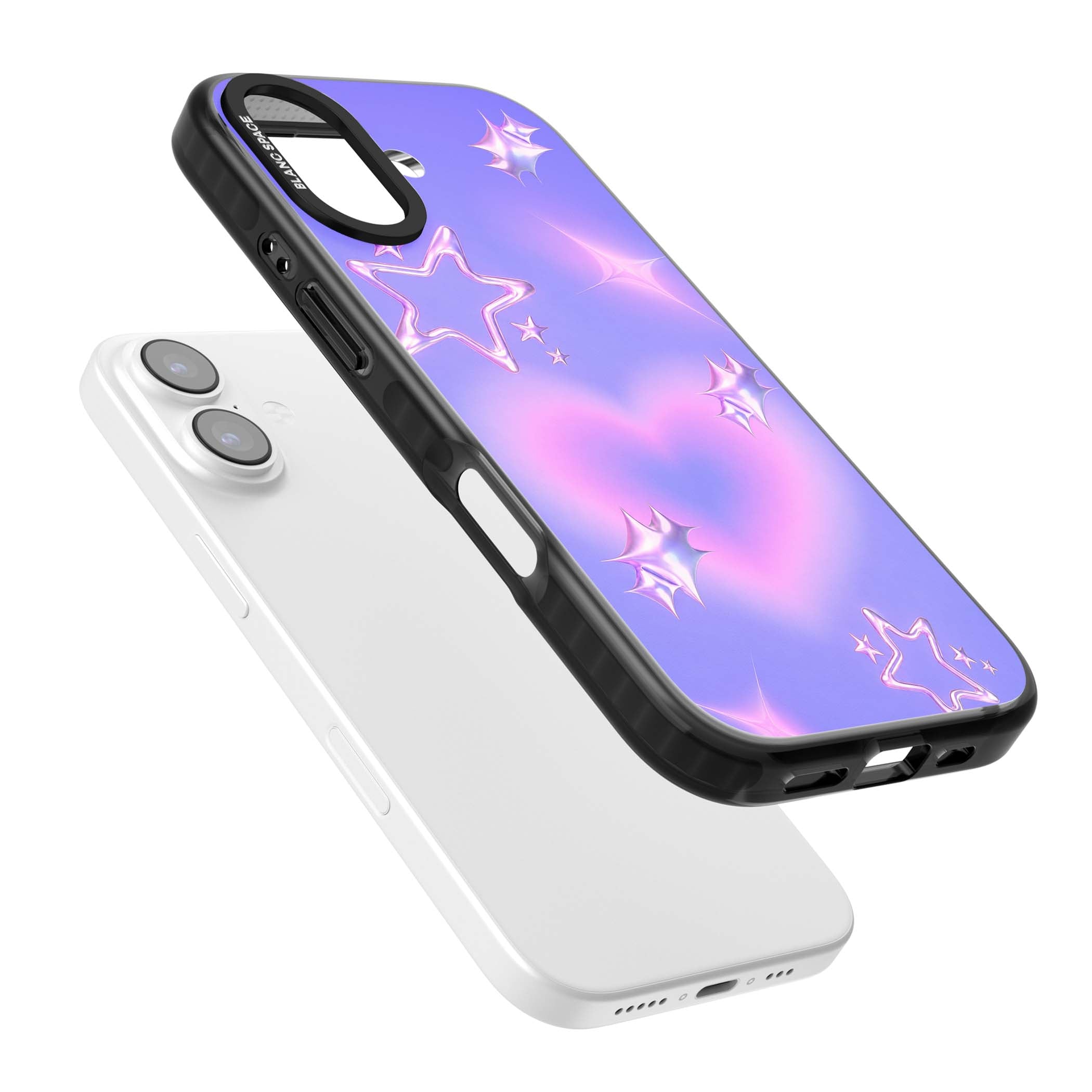 Soft Sugar Y2K iPhone case featuring iridescent chrome hearts, metallic pink stars and a lavender gradient sky | Black Impact Magsafe case for iPhone 17