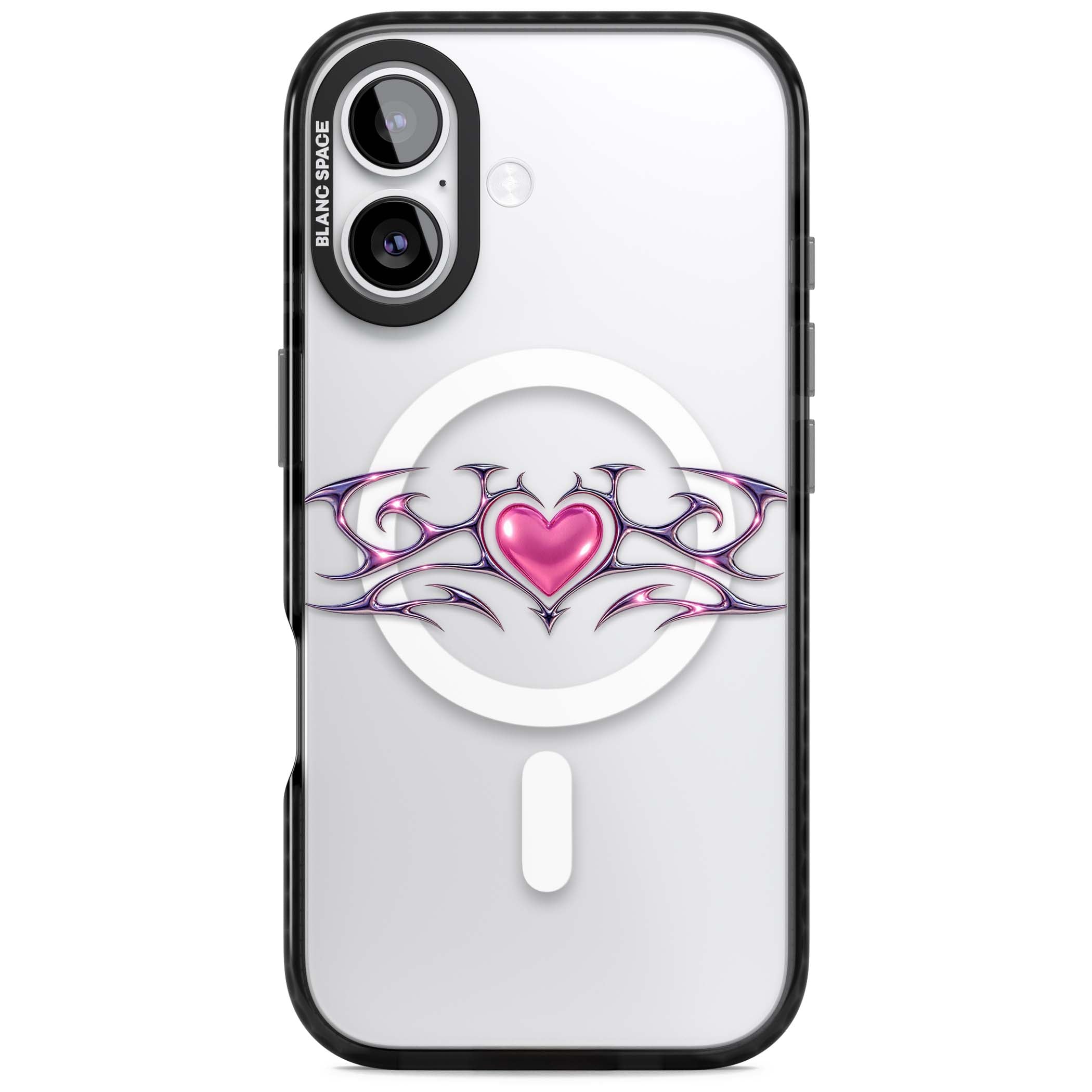 Pink Chrome Heart y2k iPhone case | Black Impact Magsafe case for iPhone 17