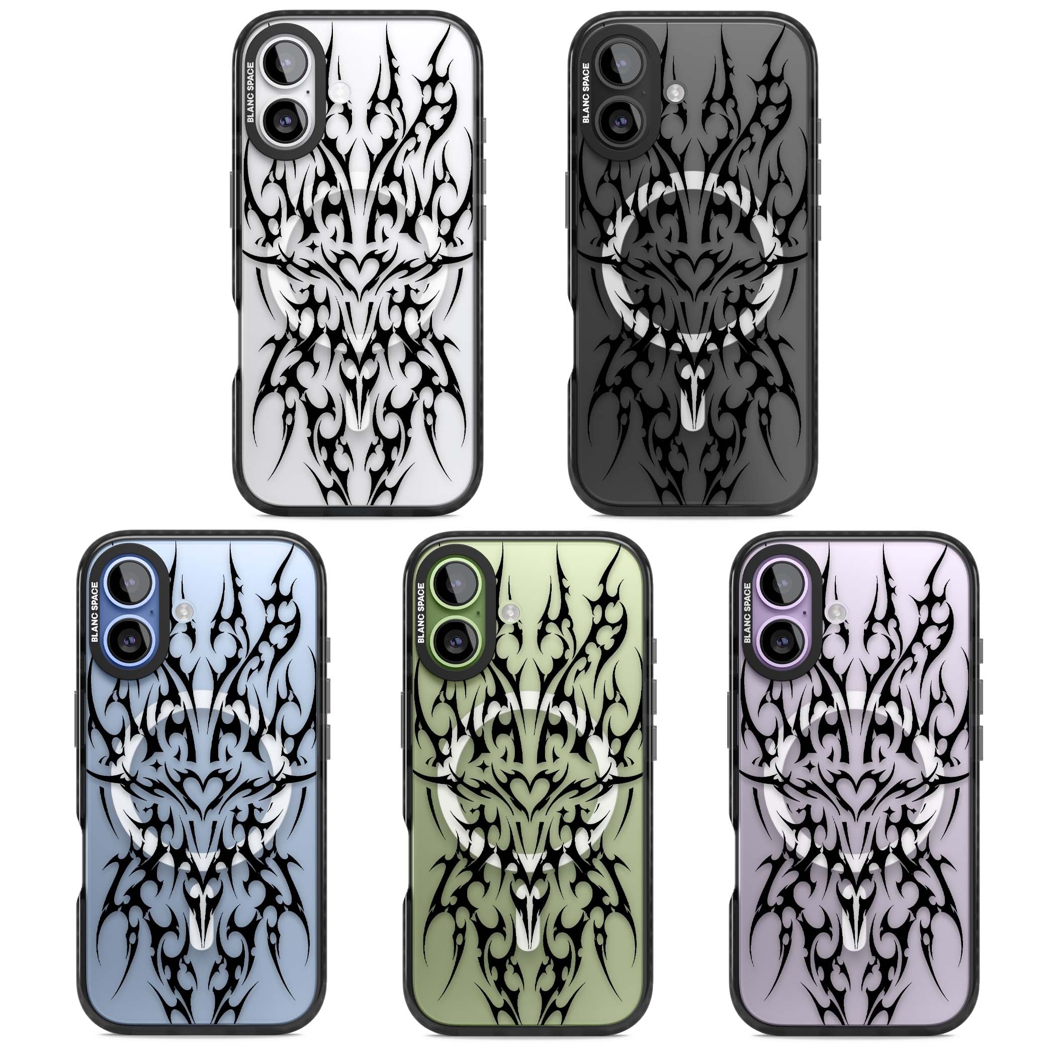 Neo Tribal Heart gothic iPhone case featuring symmetrical black tribal tattoo art with sharp thorn-like linework | Black Impact Magsafe case for iPhone 17