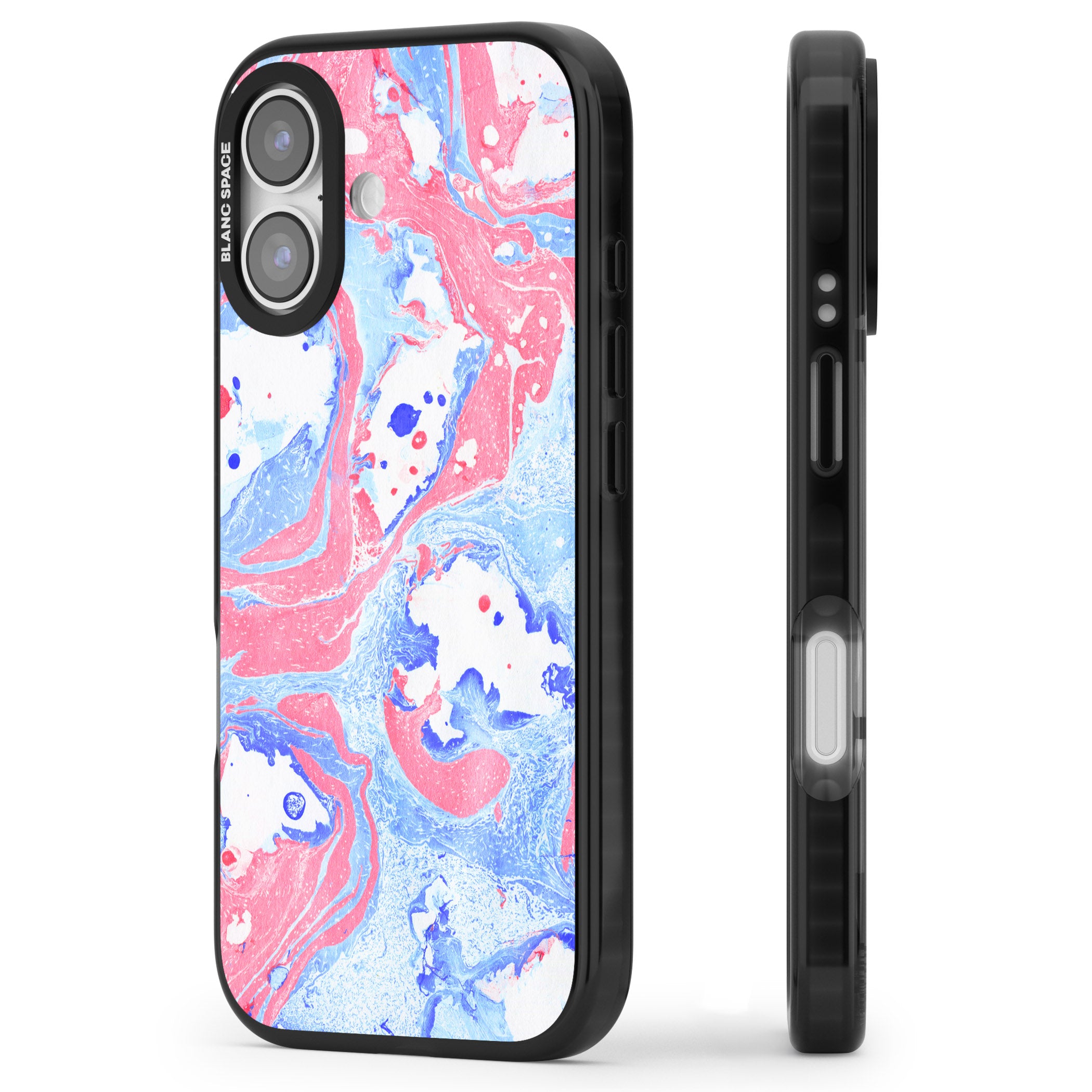 Pink, Blue & White Marbled Paper Pattern iPhone 17 Impact Black Phone Case Side Profile