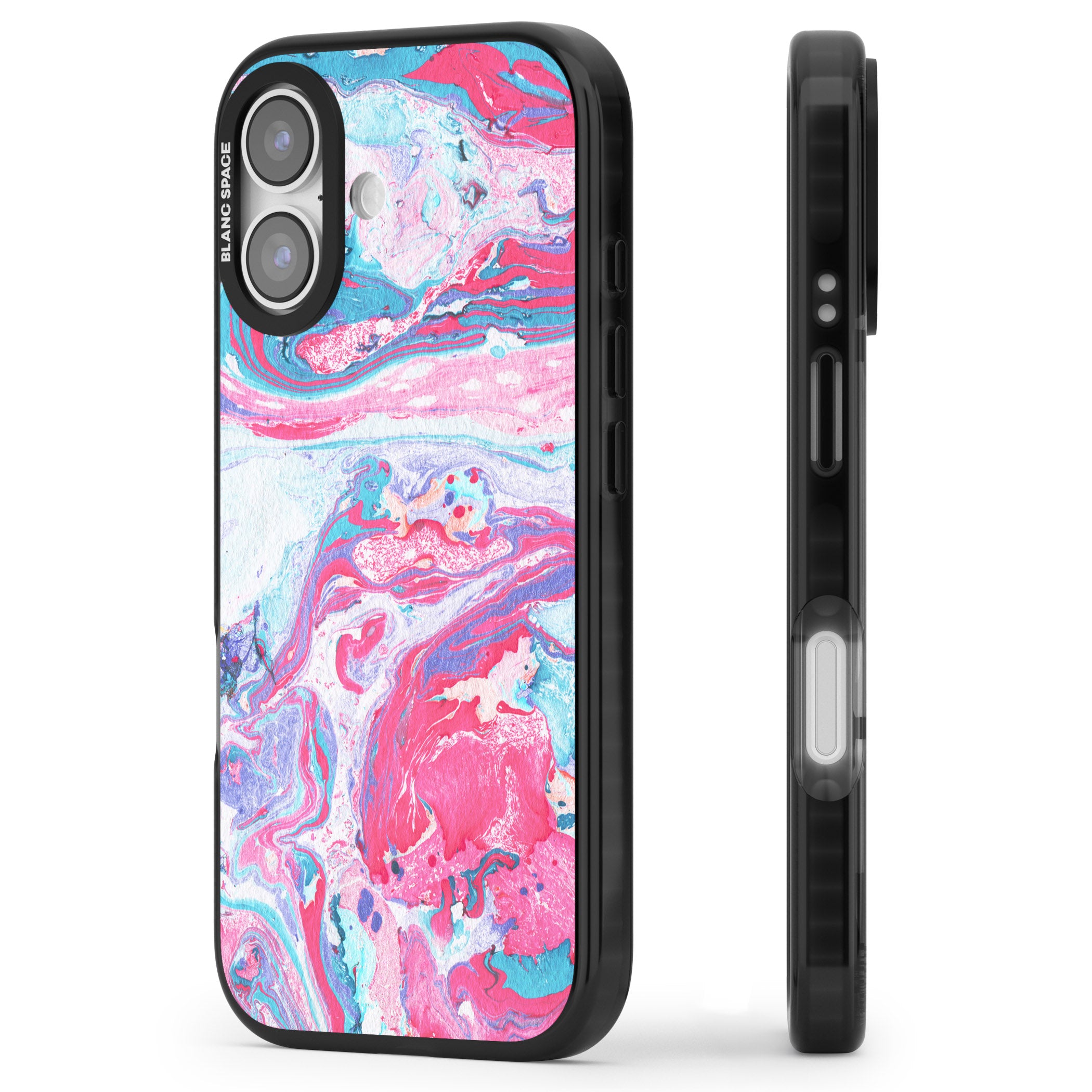 Pink, Blue & Purple Marbled Paper Pattern iPhone 17 Impact Black Phone Case Side Profile