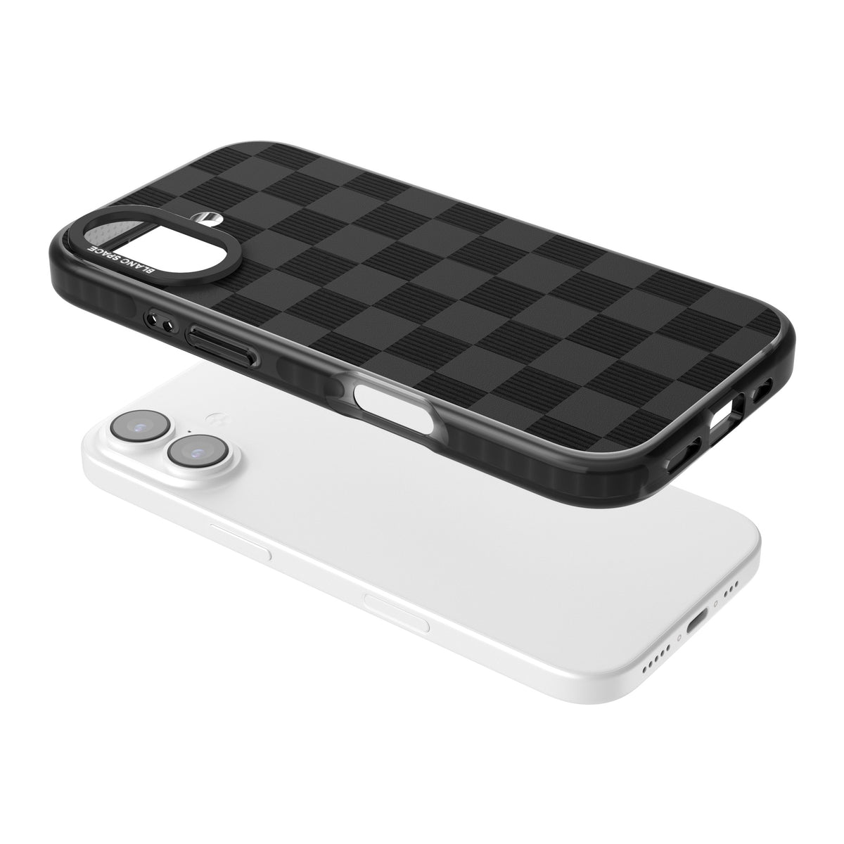 Black Checkered iPhone 16 / iPhone 16 Plus / iPhone 17 Impact Black Phone Case angled