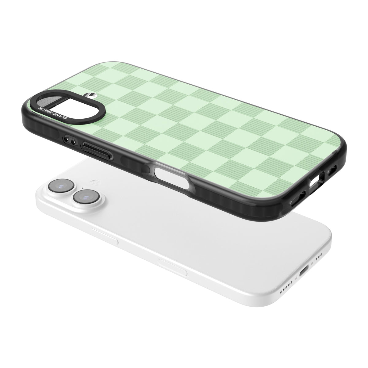 Seafoam Checkered iPhone 16 / iPhone 16 Plus / iPhone 17 Impact Black Phone Case angled