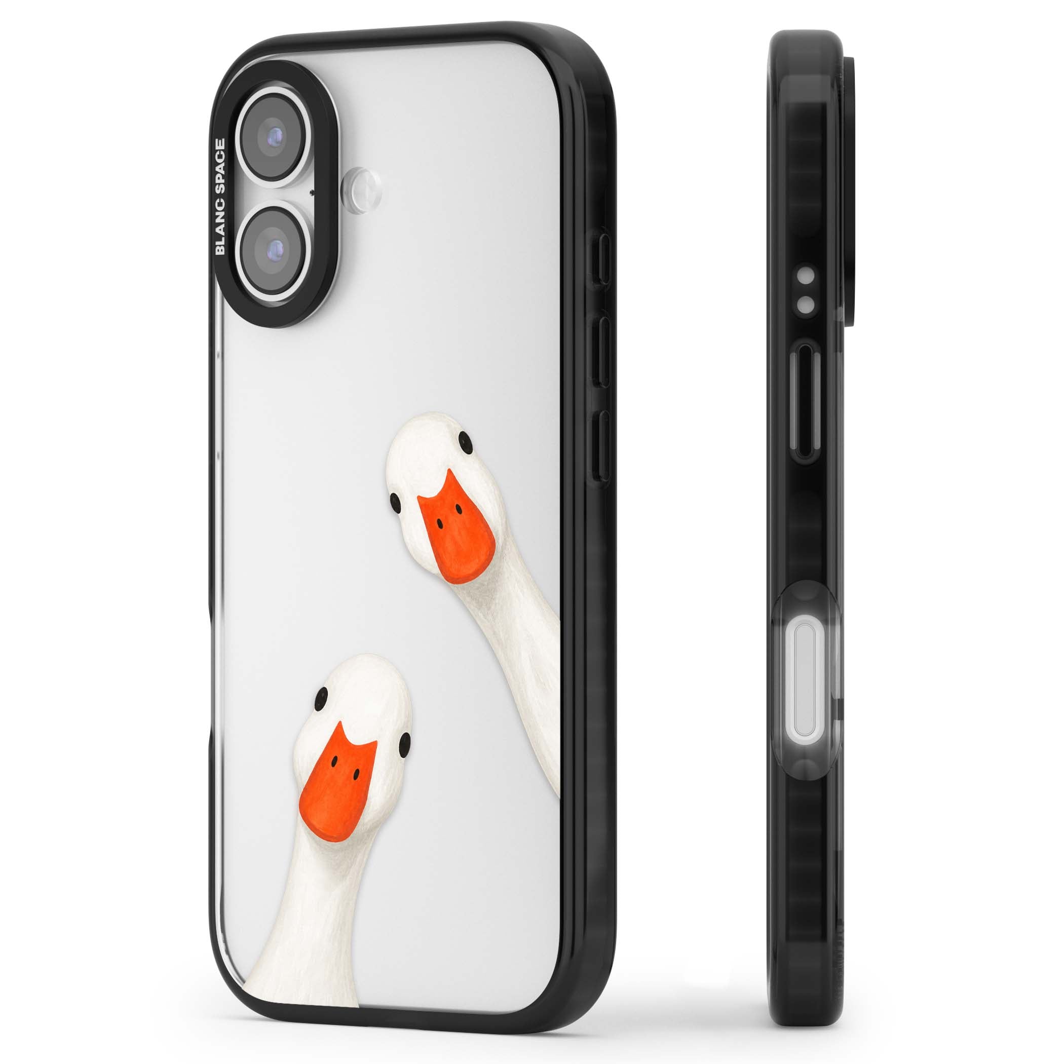Nosy Ducks cottagecore iPhone case featuring two peeking white ducks with orange beaks on a clear background | Clear Impact case for iPhone 17