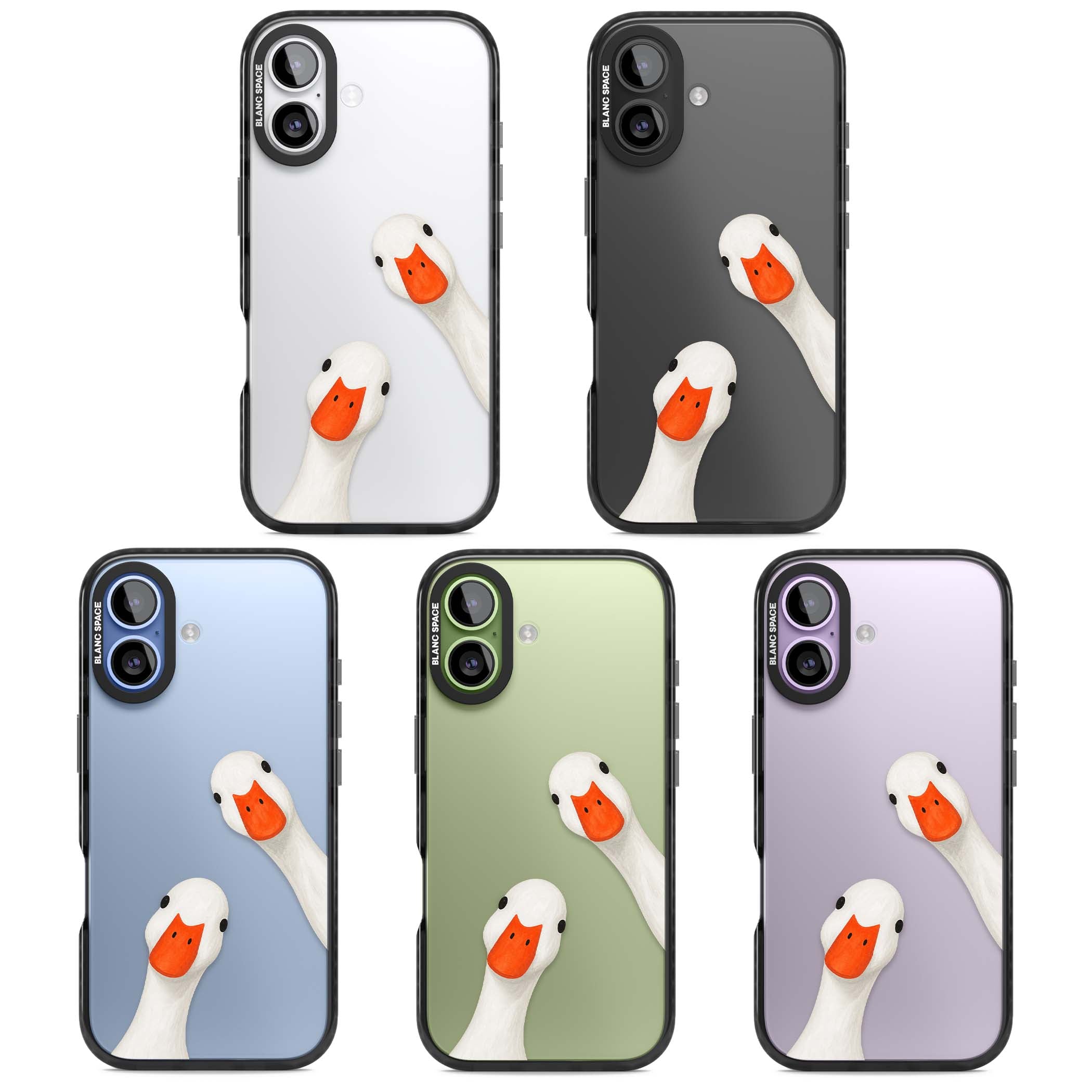 Nosy Ducks cottagecore iPhone case featuring two peeking white ducks with orange beaks on a clear background | Clear Impact case for iPhone 17