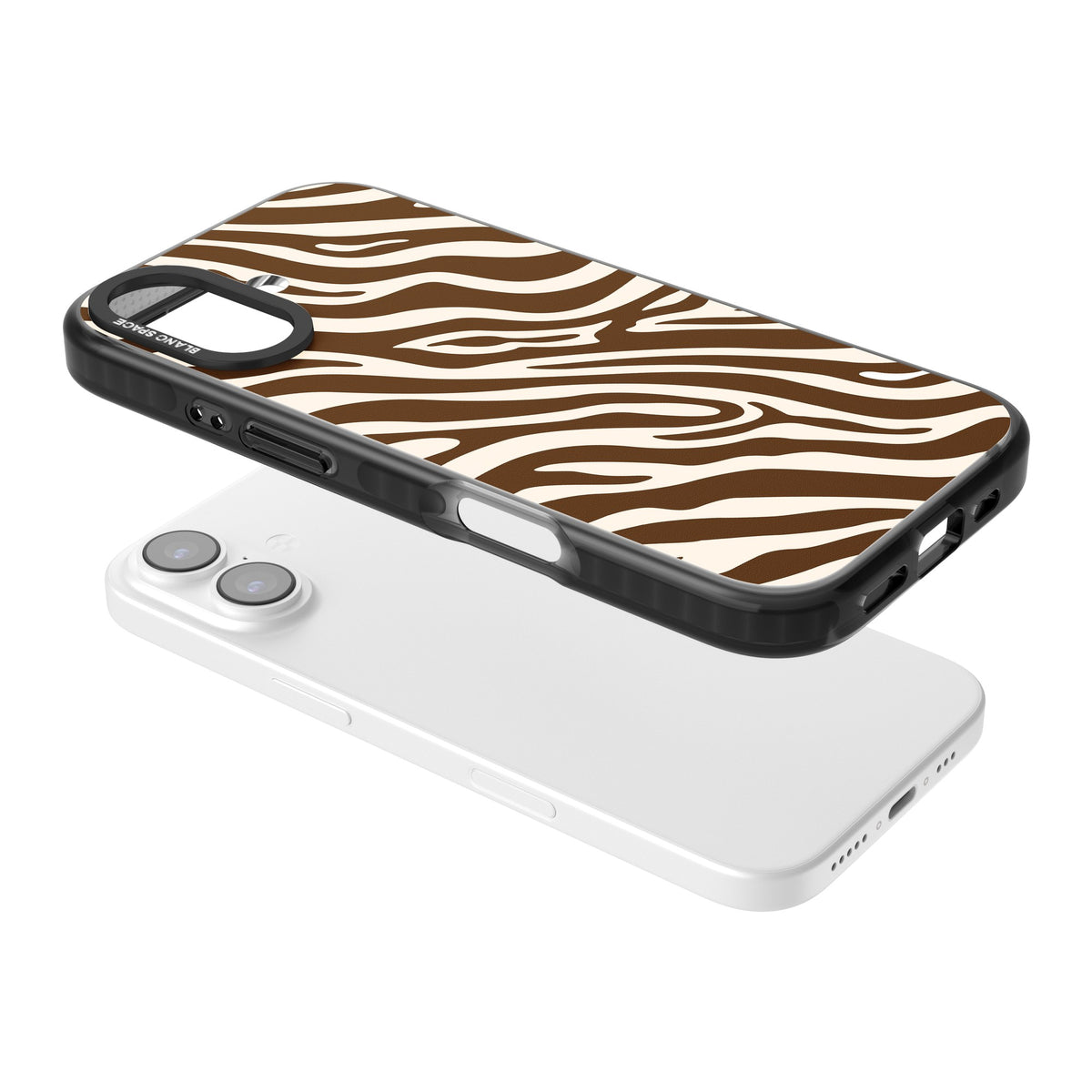 Mocha Zebra iPhone 16 / iPhone 16 Plus / iPhone 17 Impact Black Phone Case angled