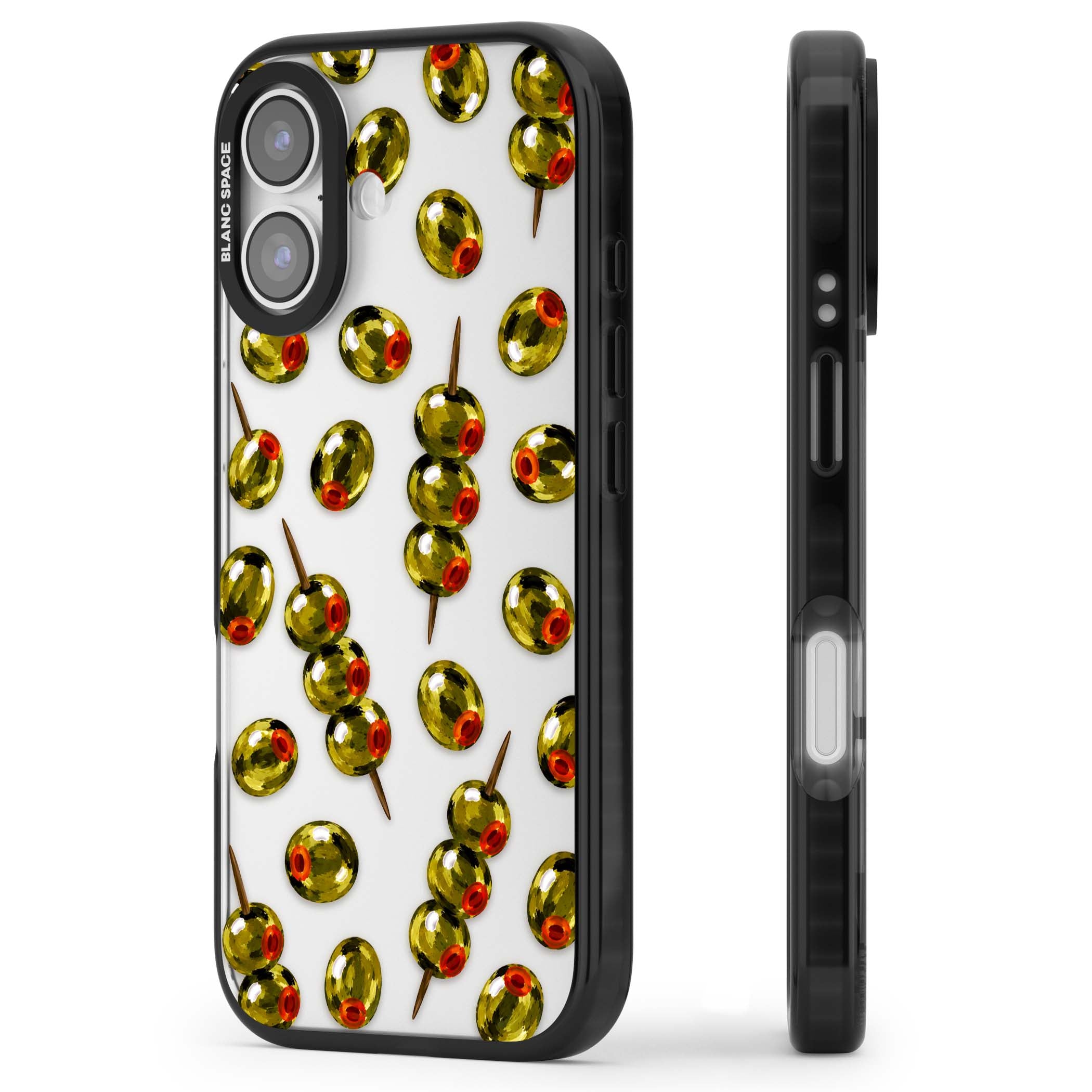 Painted Olives cocktail iPhone case featuring green olives, pimento centres and toothpick skewers on a clear background | Clear Impact case for iPhone 17