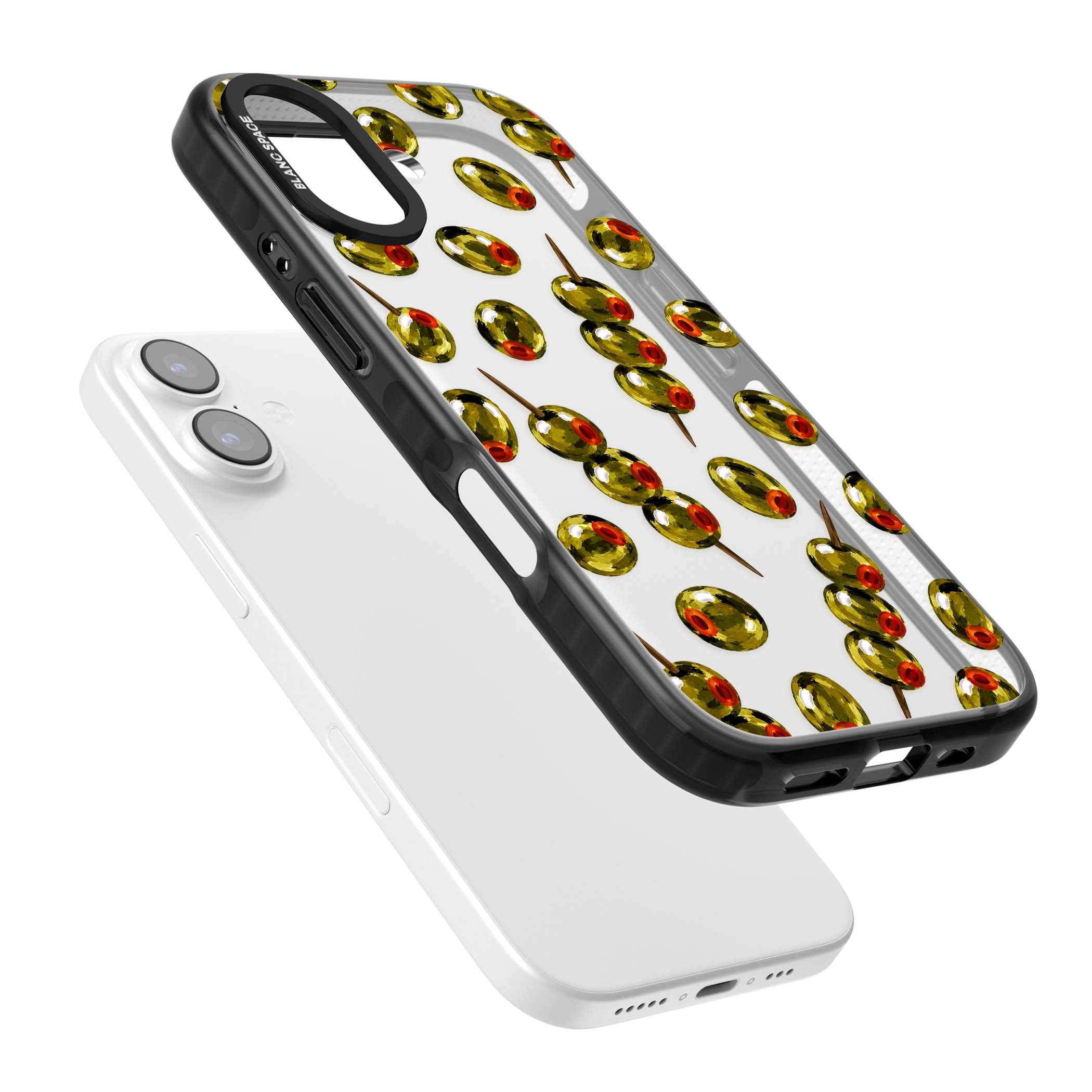Painted Olives cocktail iPhone case featuring green olives, pimento centres and toothpick skewers on a clear background | Clear Impact case for iPhone 17