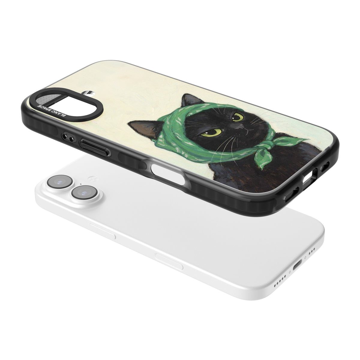 Unamused Kitty iPhone 16 / iPhone 16 Plus / iPhone 17 Impact Black Phone Case angled