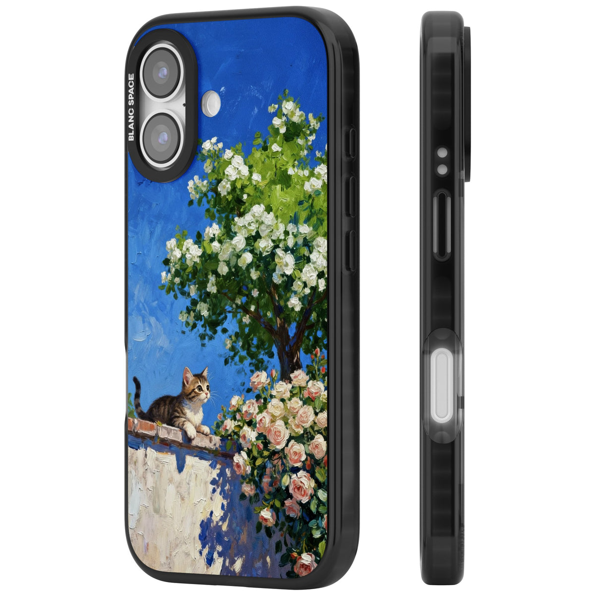 Kitten in Blooming Garden iPhone 16 / iPhone 16 Plus / iPhone 17 Impact Black Phone Case side