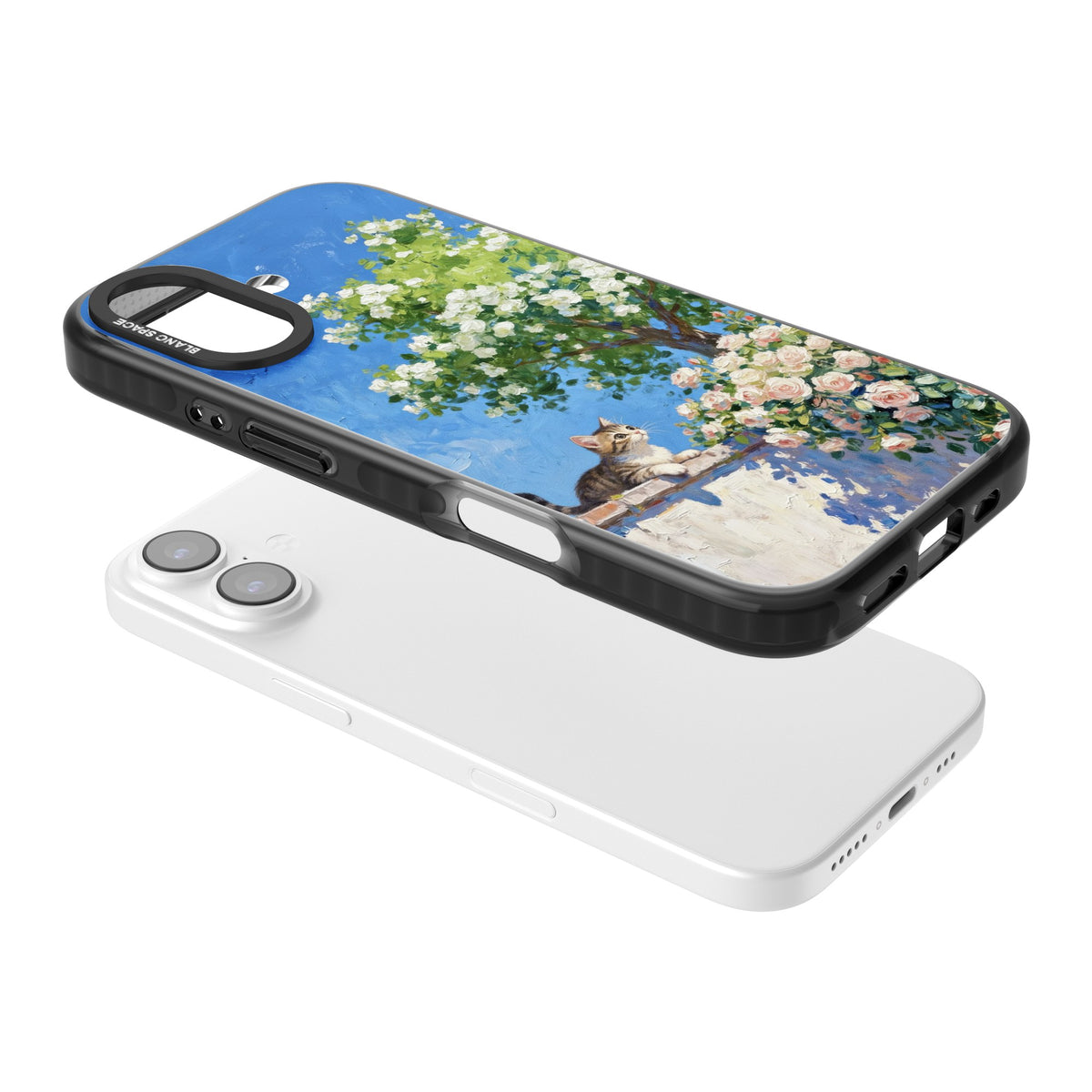 Kitten in Blooming Garden iPhone 16 / iPhone 16 Plus / iPhone 17 Impact Black Phone Case angled