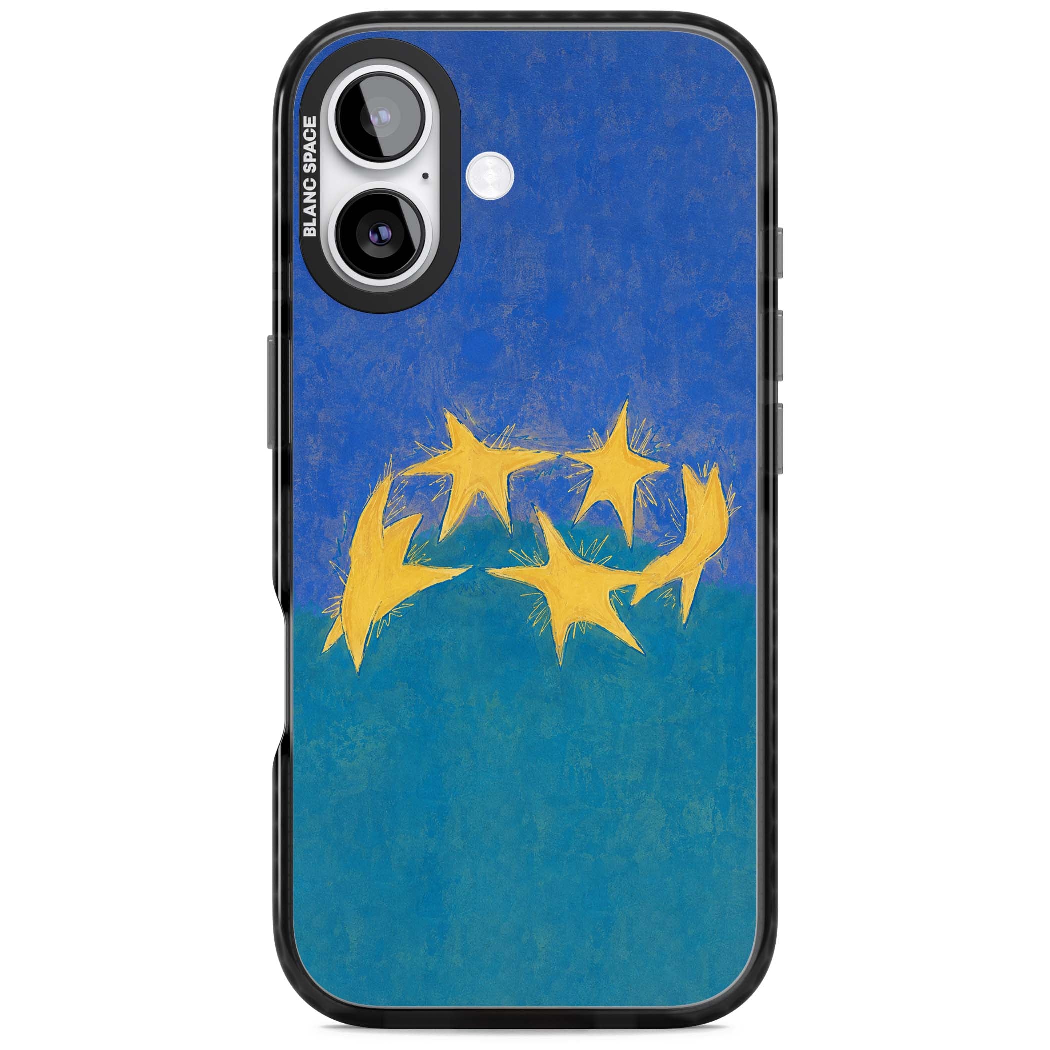 Star Boogie stars aesthetic iPhone case featuring five yellow hand-painted stars on cobalt blue and teal | Clear Impact case for iPhone 17