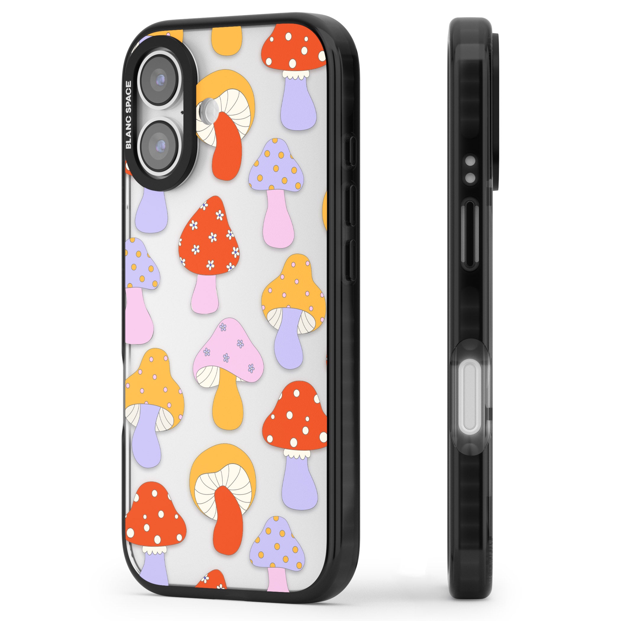 Happy Shrooms iPhone 17 Impact Black Phone Case Side Profile