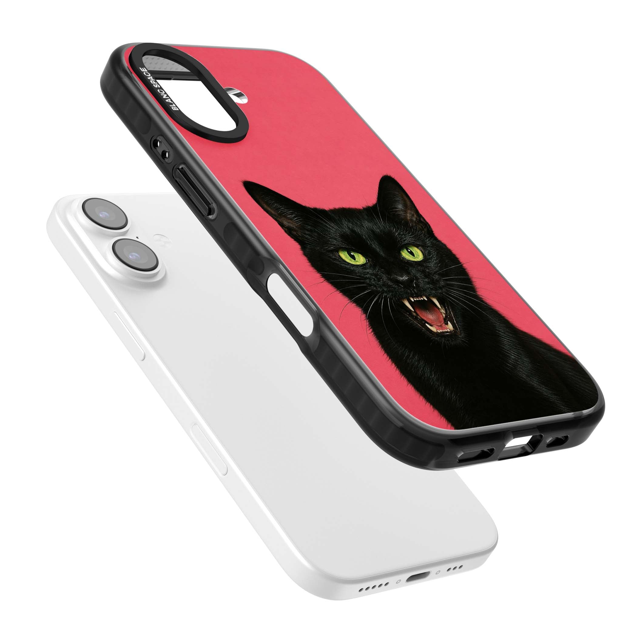 Hissin' Baddie black cat iPhone case featuring a hissing feline with green eyes on a hot pink background | Clear Impact case for iPhone 17