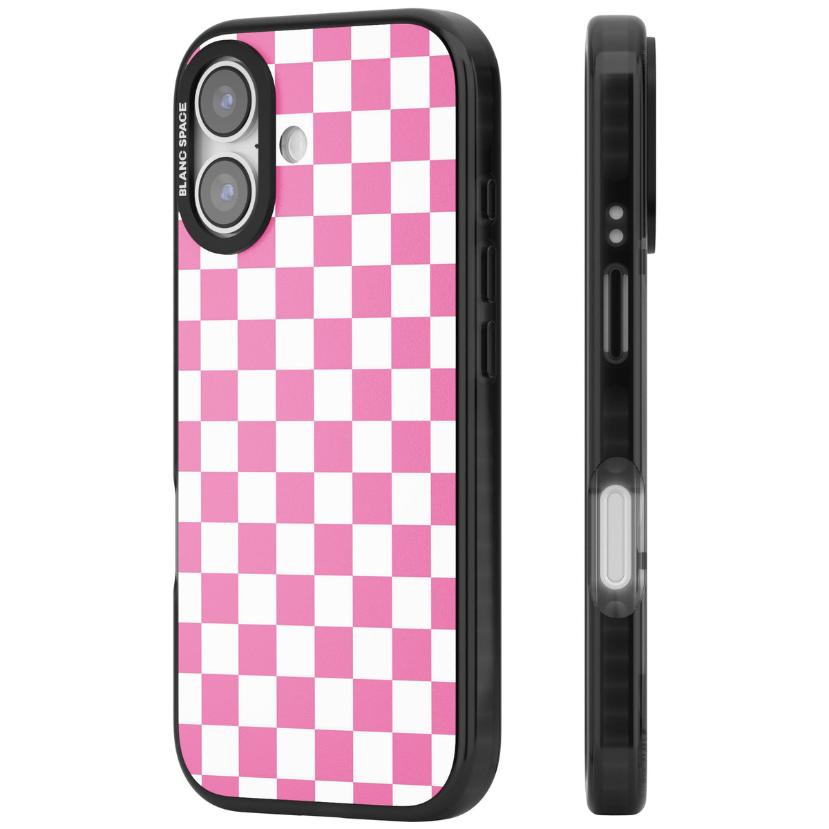 Pink Checkerboard iPhone 16 / iPhone 16 Plus / iPhone 17 Impact Black Phone Case side
