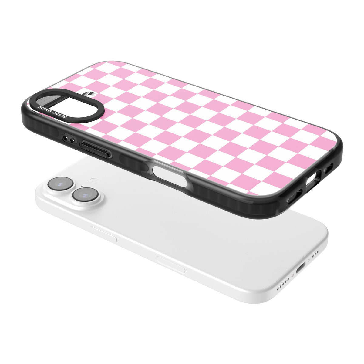 Pink Checkerboard iPhone 16 / iPhone 16 Plus / iPhone 17 Impact Black Phone Case angled