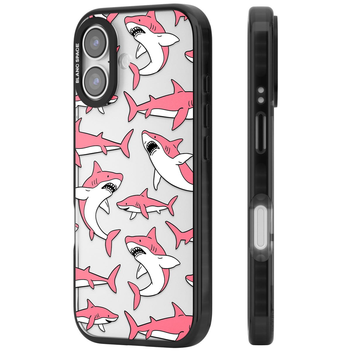 Bubblegum Sharks iPhone 16 / iPhone 16 Plus / iPhone 17 Impact Black Phone Case side