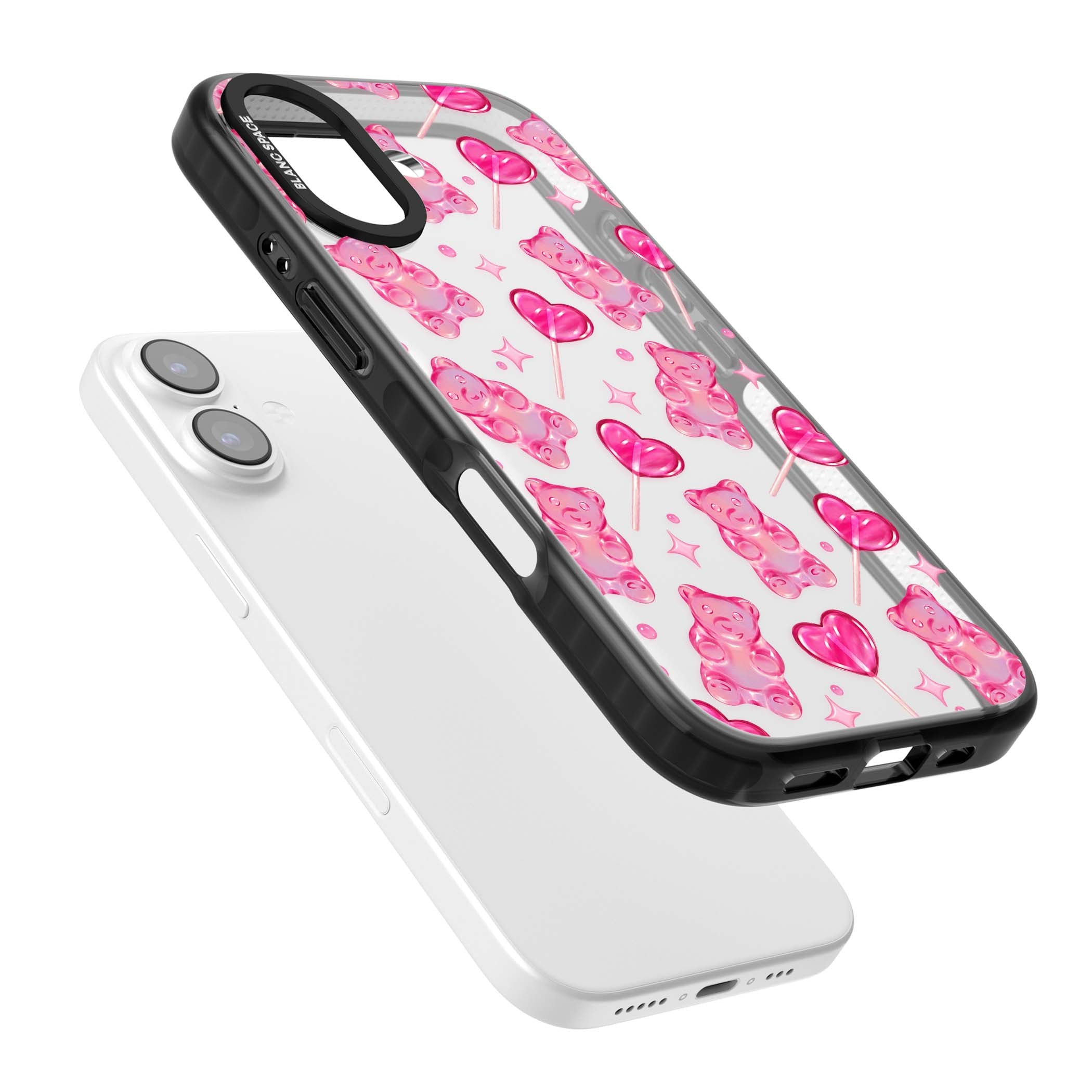 Pink Sugar pinkcore iPhone case featuring pink gummy bears, heart-shaped lollipops and sparkle stars | Clear Impact case for iPhone 17