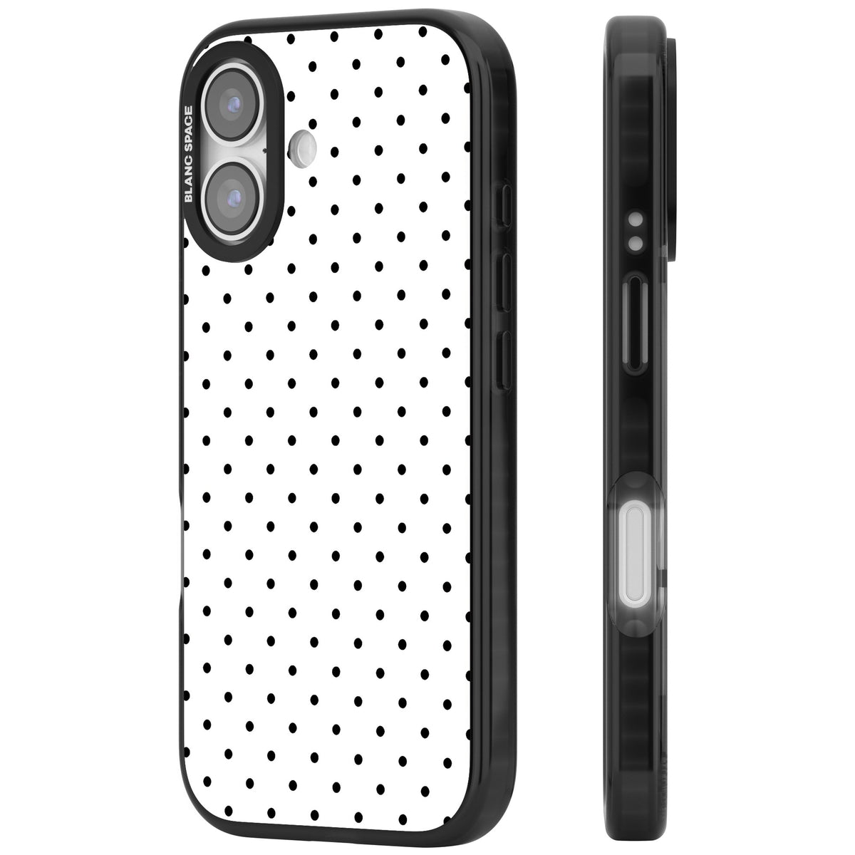 Dalmatian Dots minimal iPhone case featuring small black polka dots on a crisp white background with bold black edges iPhone 16 / iPhone 16 Plus / iPhone 17 Impact Black Phone Case side