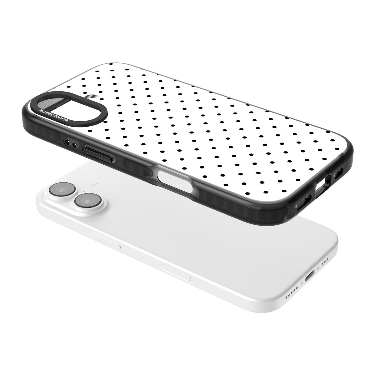 Dalmatian Dots minimal iPhone case featuring small black polka dots on a crisp white background with bold black edges iPhone 16 / iPhone 16 Plus / iPhone 17 Impact Black Phone Case angled