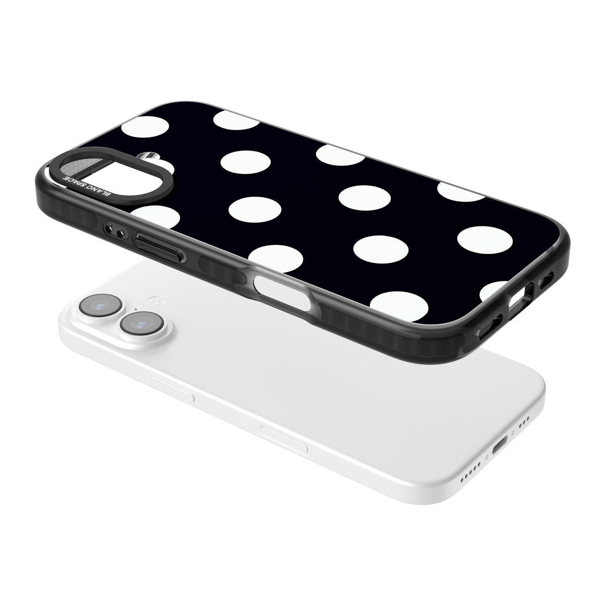 Chic Black Polka Dot iPhone 16 / iPhone 16 Plus / iPhone 17 Impact Black Phone Case angled