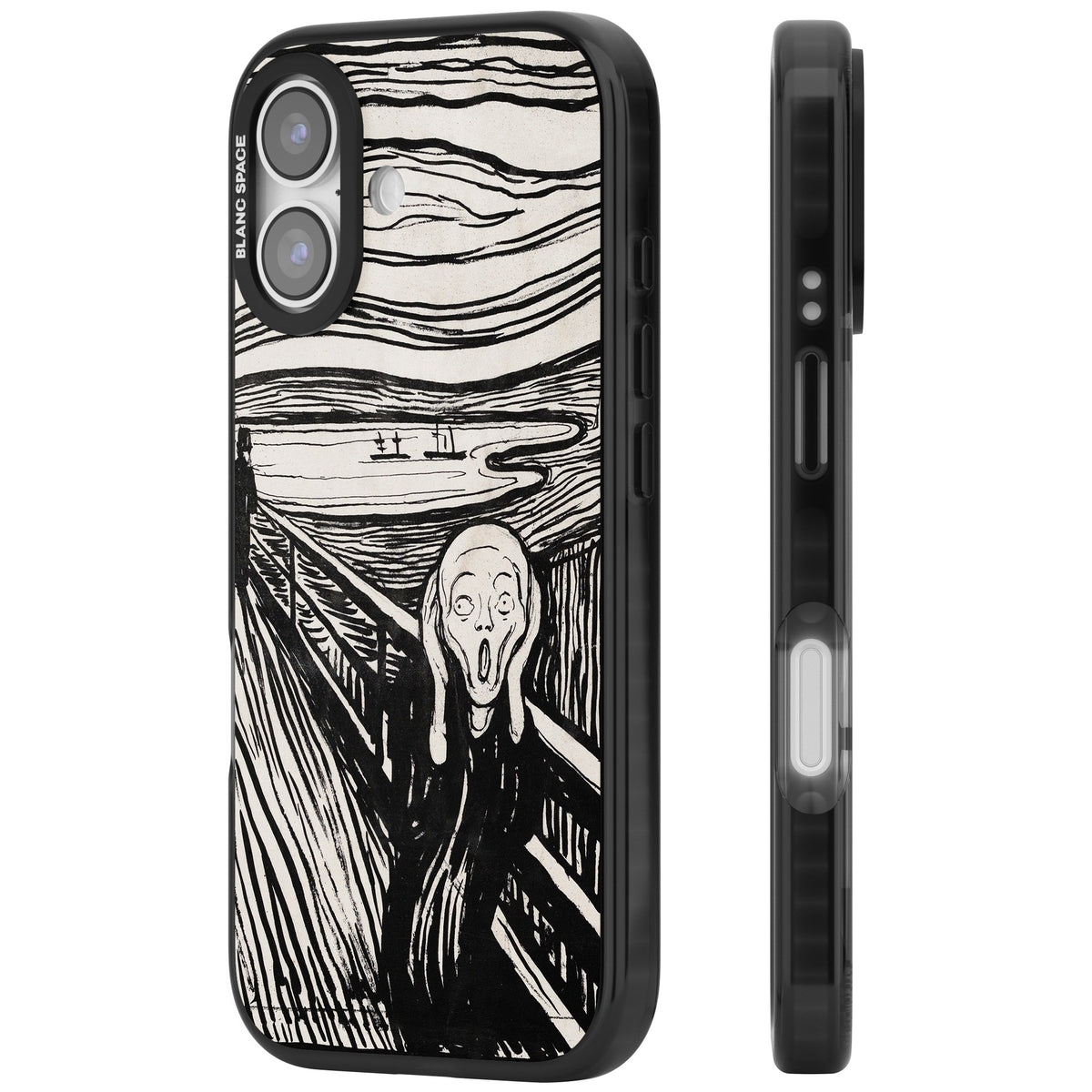The Scream (Black & White) iPhone 16 / iPhone 16 Plus / iPhone 17 Impact Black Phone Case side