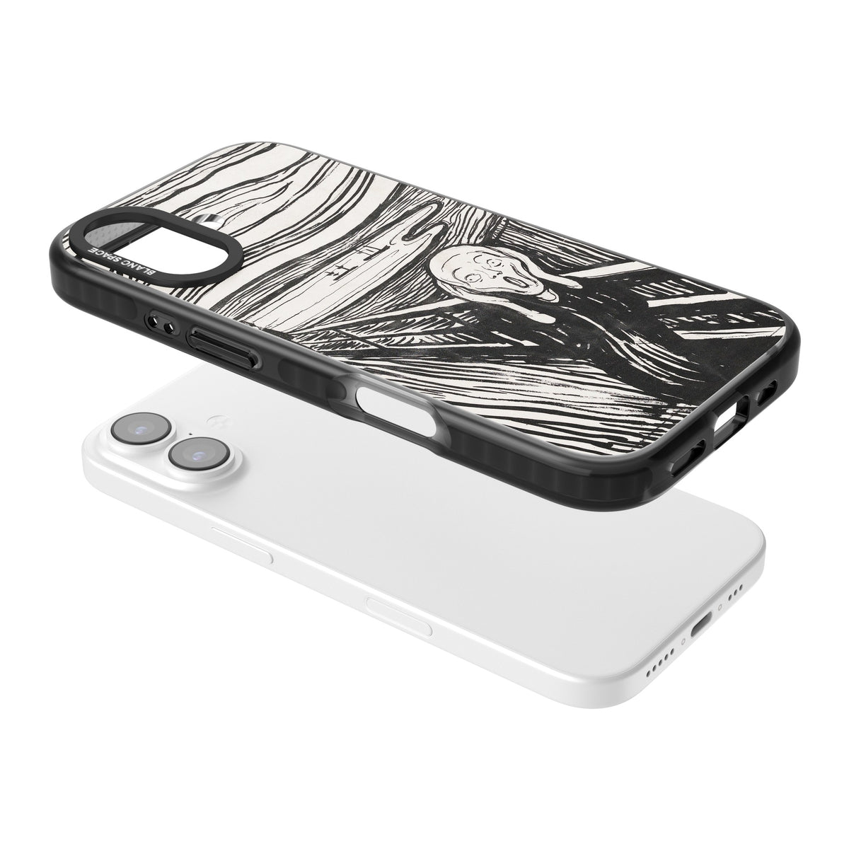 The Scream (Black & White) iPhone 16 / iPhone 16 Plus / iPhone 17 Impact Black Phone Case angled