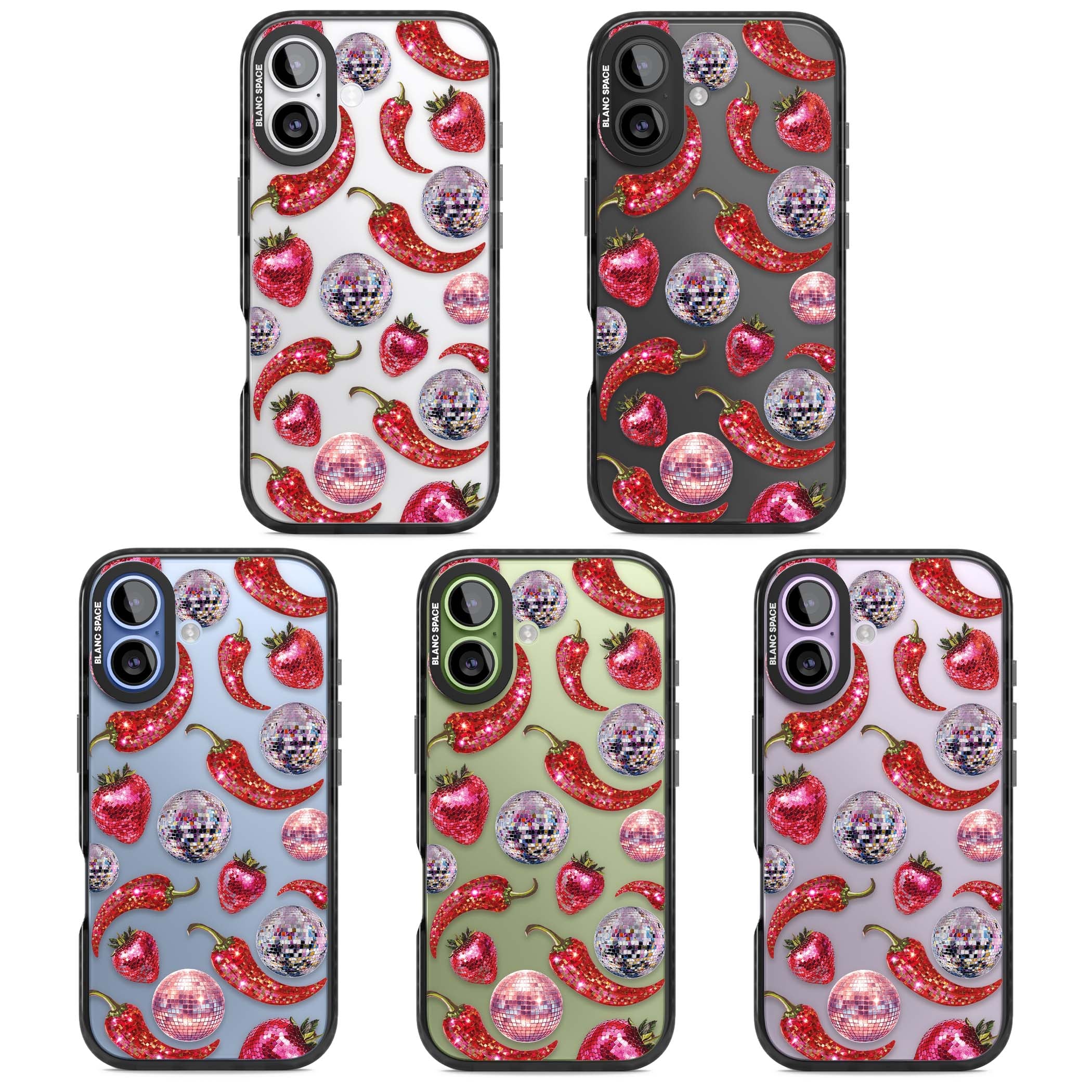 Spicy Disco Y2K iPhone case featuring glitter disco balls, sparkly strawberries and red chilli peppers | Clear Impact case for iPhone 17