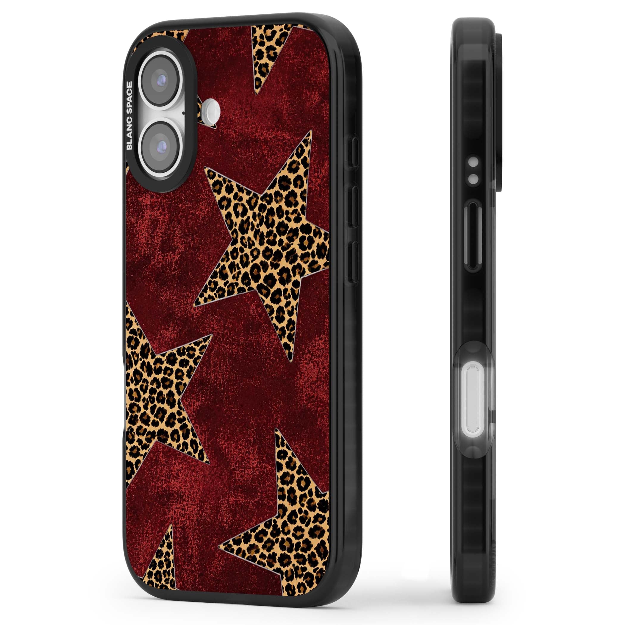 Showgirl leopard print iPhone case featuring cheetah print stars on distressed red grunge background | Clear Impact case for iPhone 17