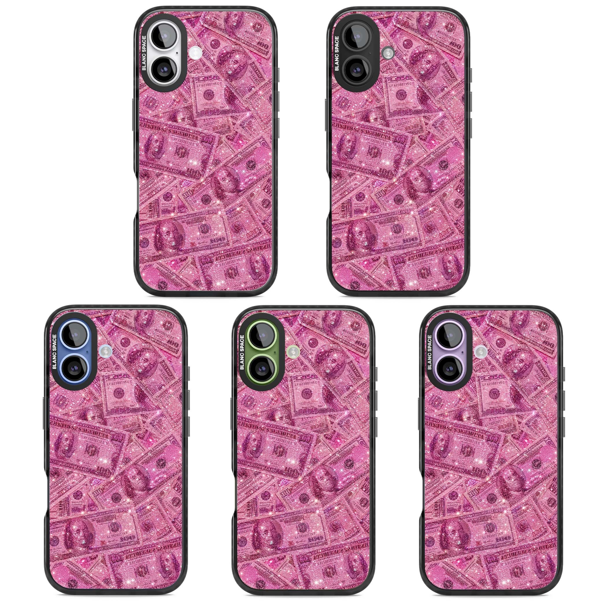 Glamorous baddie iPhone case featuring pink glitter hundred dollar bills and sparkling money wallpaper design | Clear Impact case for iPhone 17