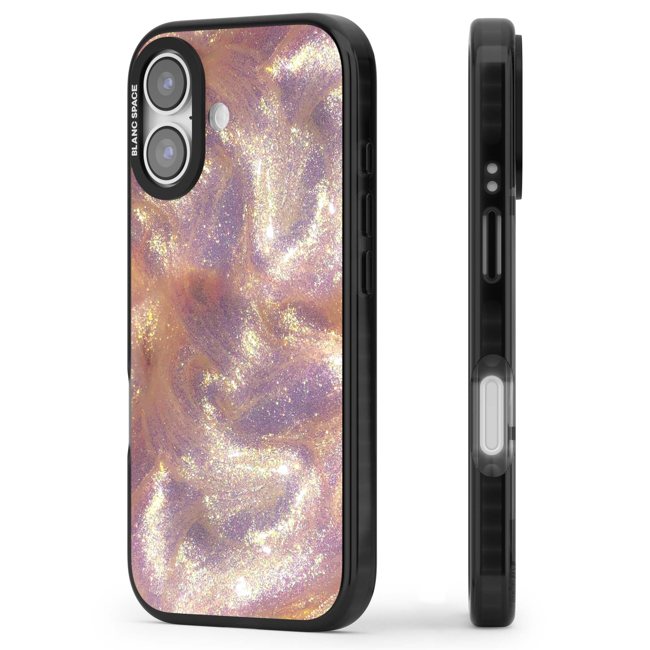 Shimmer marble iPhone case featuring rose gold glitter swirls, lilac shimmer and iridescent pearl finish | Clear Impact case for iPhone 17