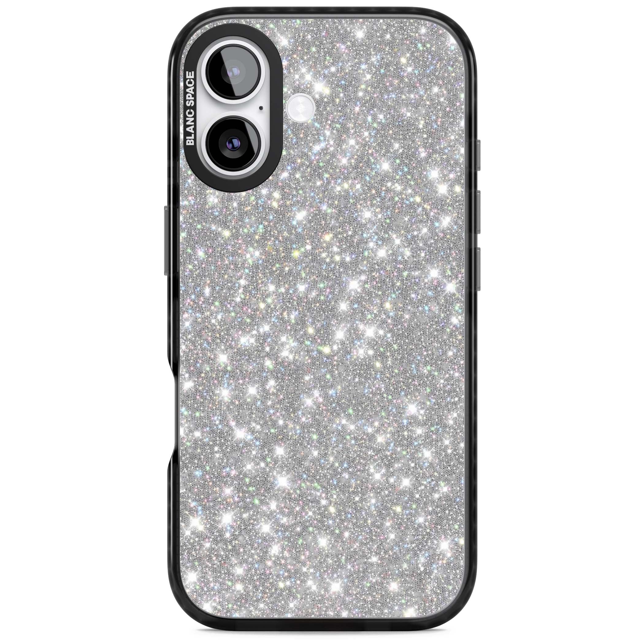 Diamond glam iPhone case featuring silver glitter sparkle and shimmering diamond dust effect | Clear Impact case for iPhone 17