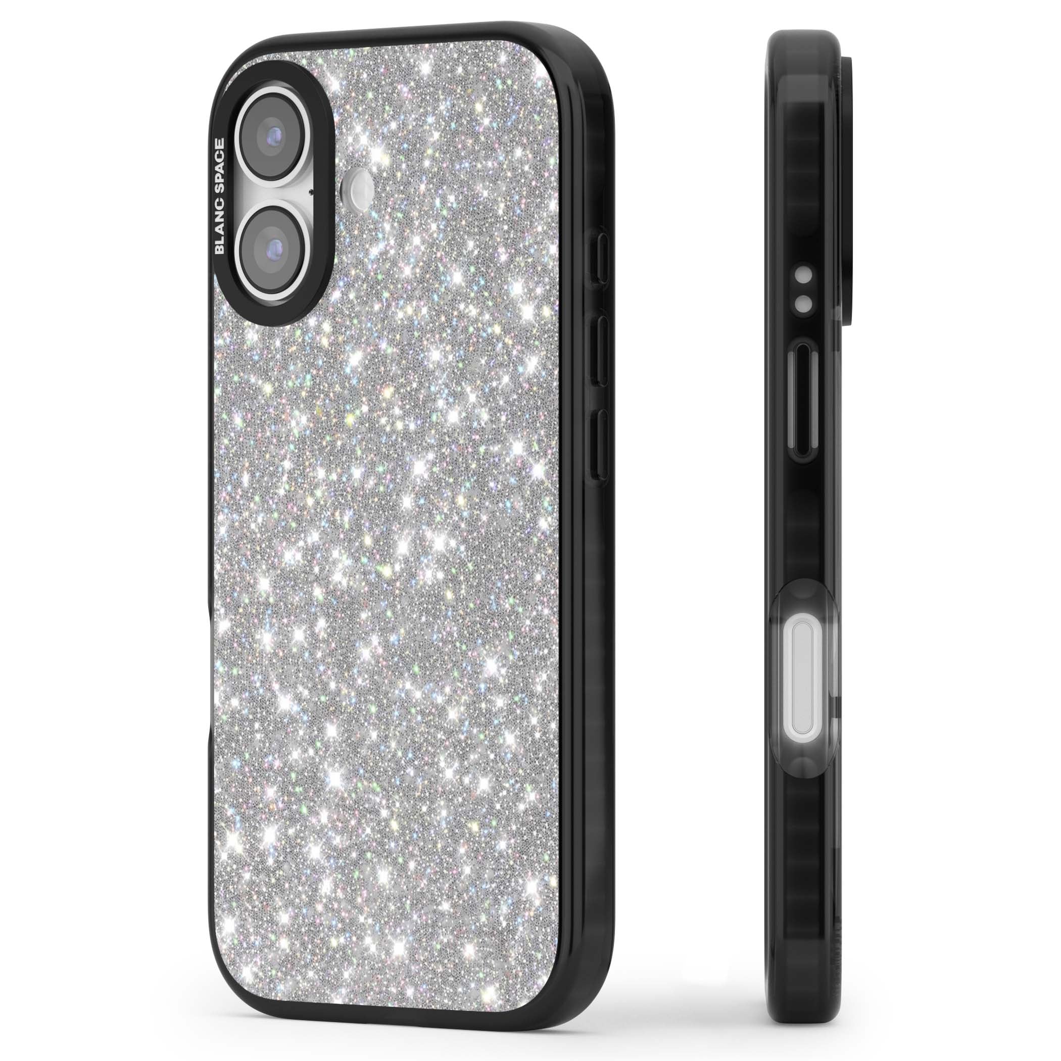 Diamond glam iPhone case featuring silver glitter sparkle and shimmering diamond dust effect | Clear Impact case for iPhone 17