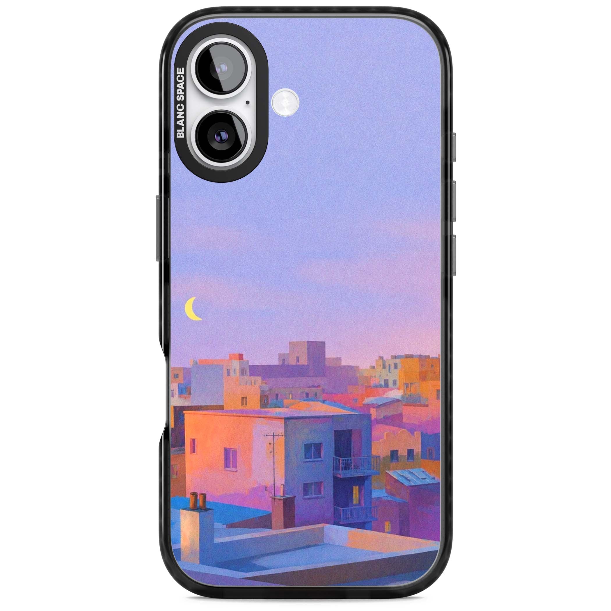 Twilight Rooftops vaporwave iPhone case featuring a pastel sunset cityscape, painted rooftops and a crescent moon. | Clear Impact case for iPhone 17