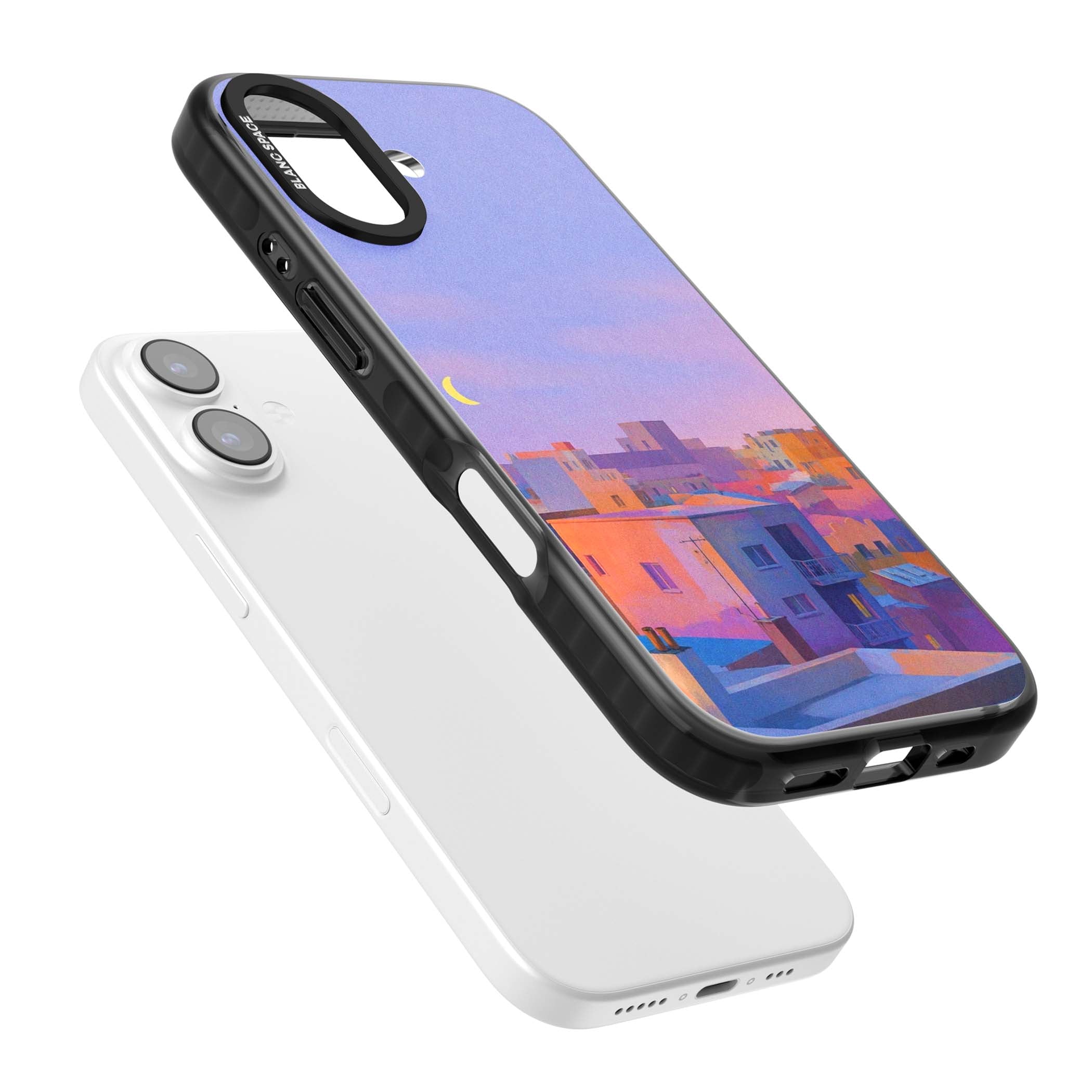 Twilight Rooftops vaporwave iPhone case featuring a pastel sunset cityscape, painted rooftops and a crescent moon. | Clear Impact case for iPhone 17