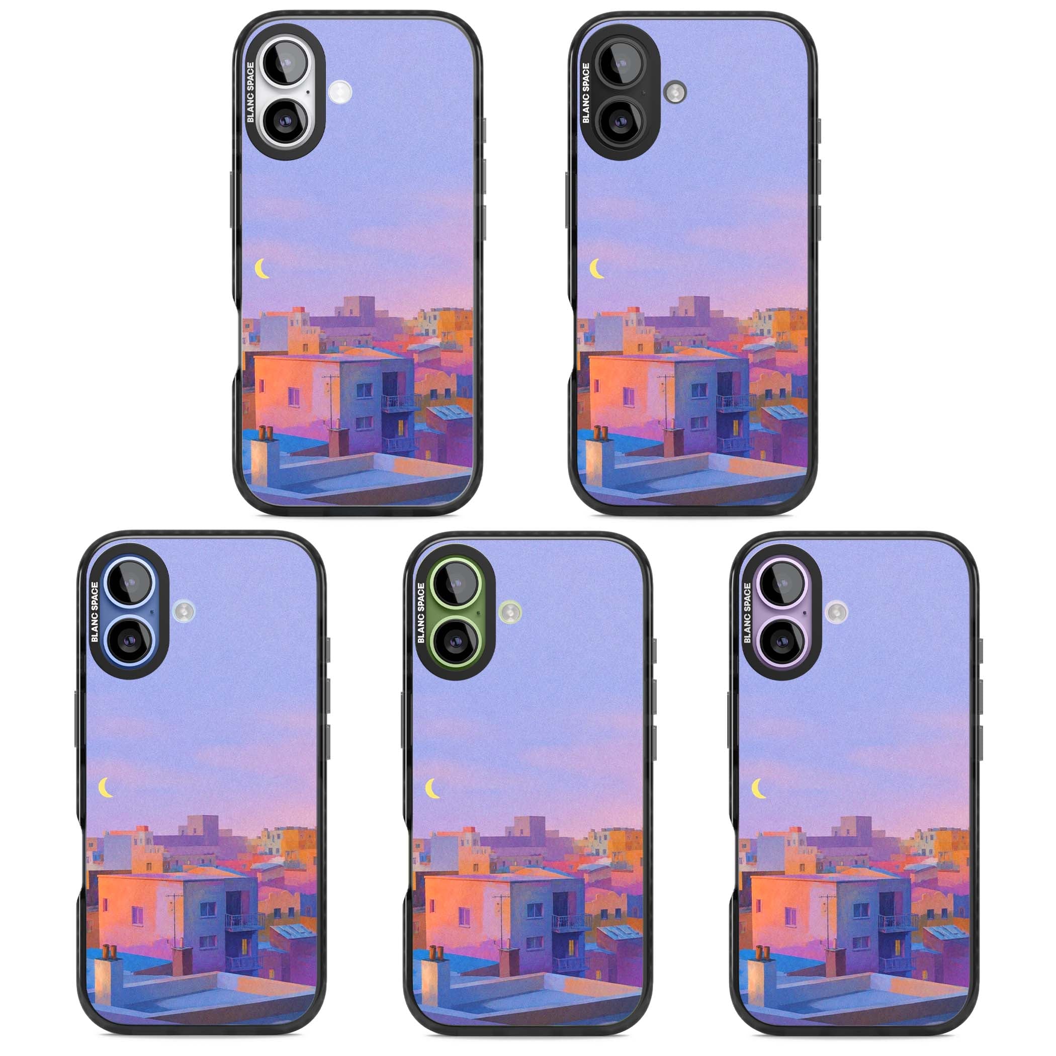 Twilight Rooftops vaporwave iPhone case featuring a pastel sunset cityscape, painted rooftops and a crescent moon. | Clear Impact case for iPhone 17