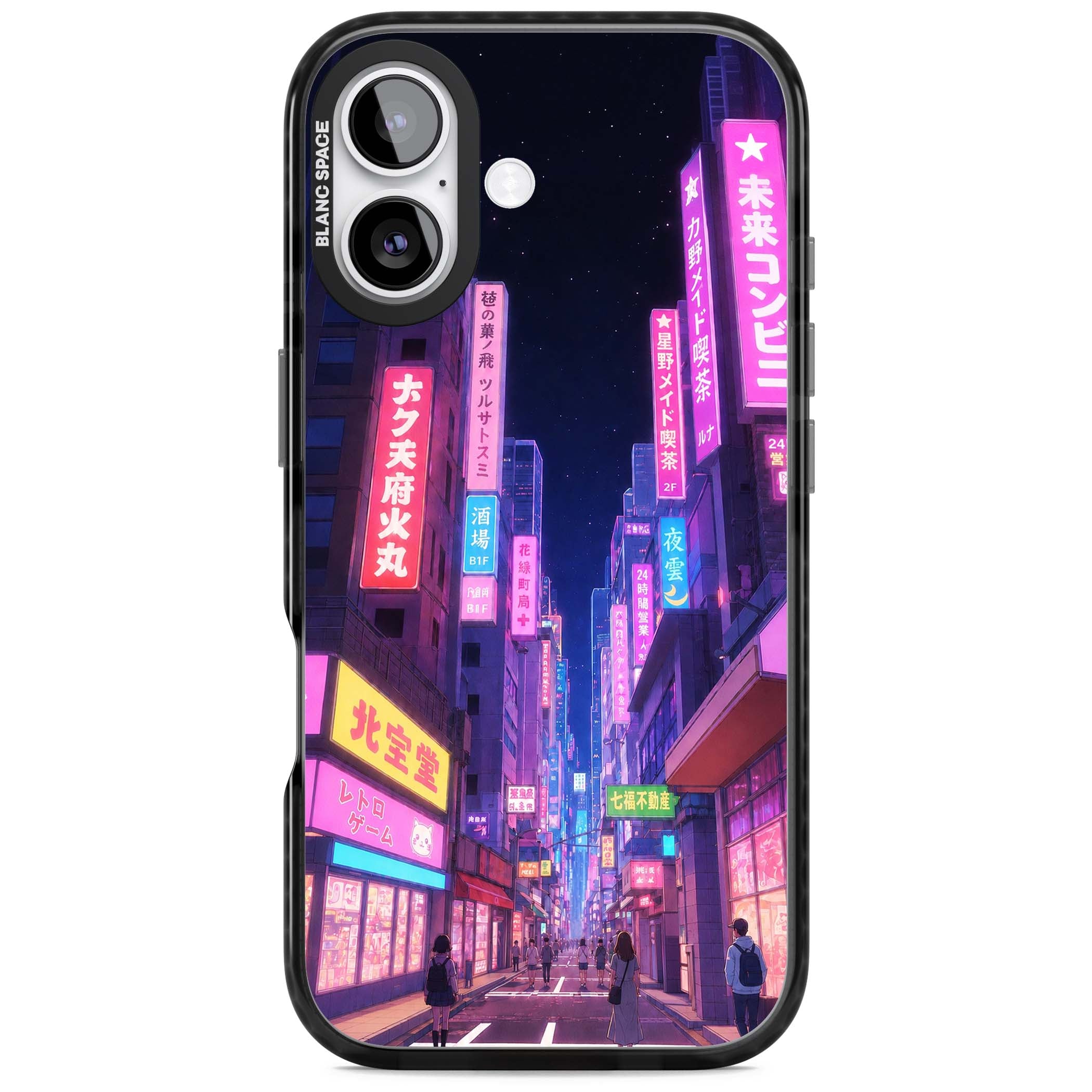 Shibuya At Night Japanese neon city iPhone case featuring glowing kanji signs, pink storefronts and a Tokyo street at n | Clear Impact case for iPhone 17