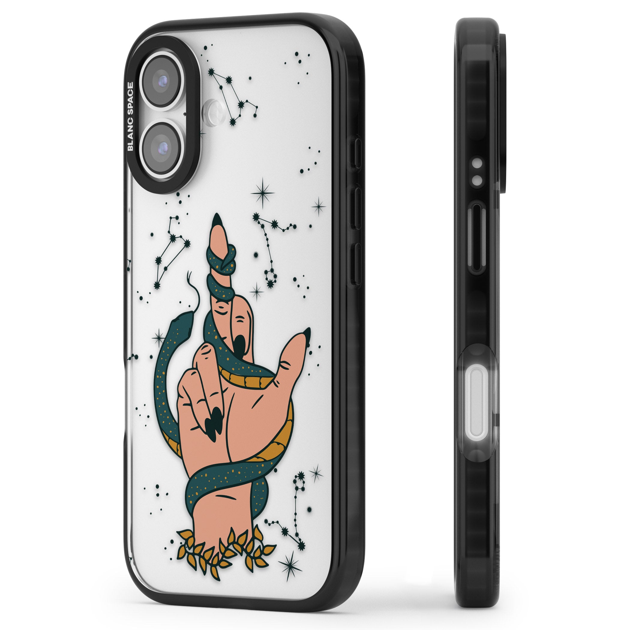 Snakes, Stars And Cynicism iPhone 17 Impact Black Phone Case Side Profile